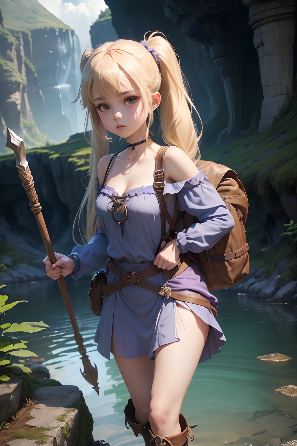 (1girl in),,( absurdly , High quality , ultra-detailliert ),,(masutepiece),(underground lake),(Twilight、Lit up),(Long-haired blonde twintails),((long doress)),The priest has,(Cute 3D anime petite girl rendering),hyperdetailed face,(fighting poses),Wearing long boots,Halo, Perfect face and nice perfect face,,Blue long skirt,(Fantasy Adventurer Style),(Embark on an adventurous journey),(Carry a rucksack).(With a staff in her right hand),(A rope is wrapped around the waist),Delicate and sexy collarbone,Bare shoulders,Purple Off Shoulder Shirt,(suggestive pose),Far Angle
