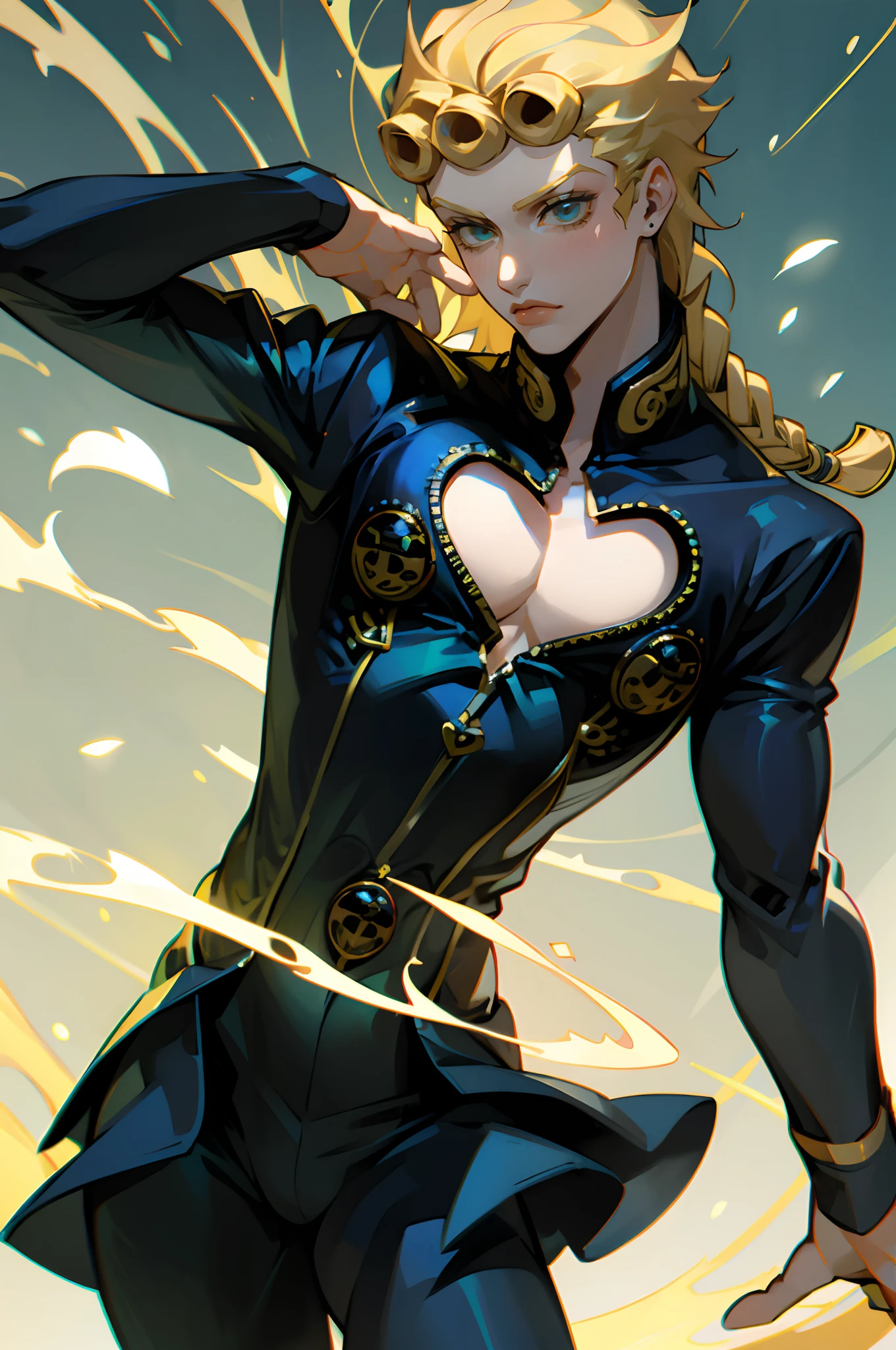 Giorno Giovanna, solo, green eyes, blonde hair, 1boy, long hair, long braid, male focus, clothing cutout, cleavage cutout, pectorals, black suit, cowboy shot
