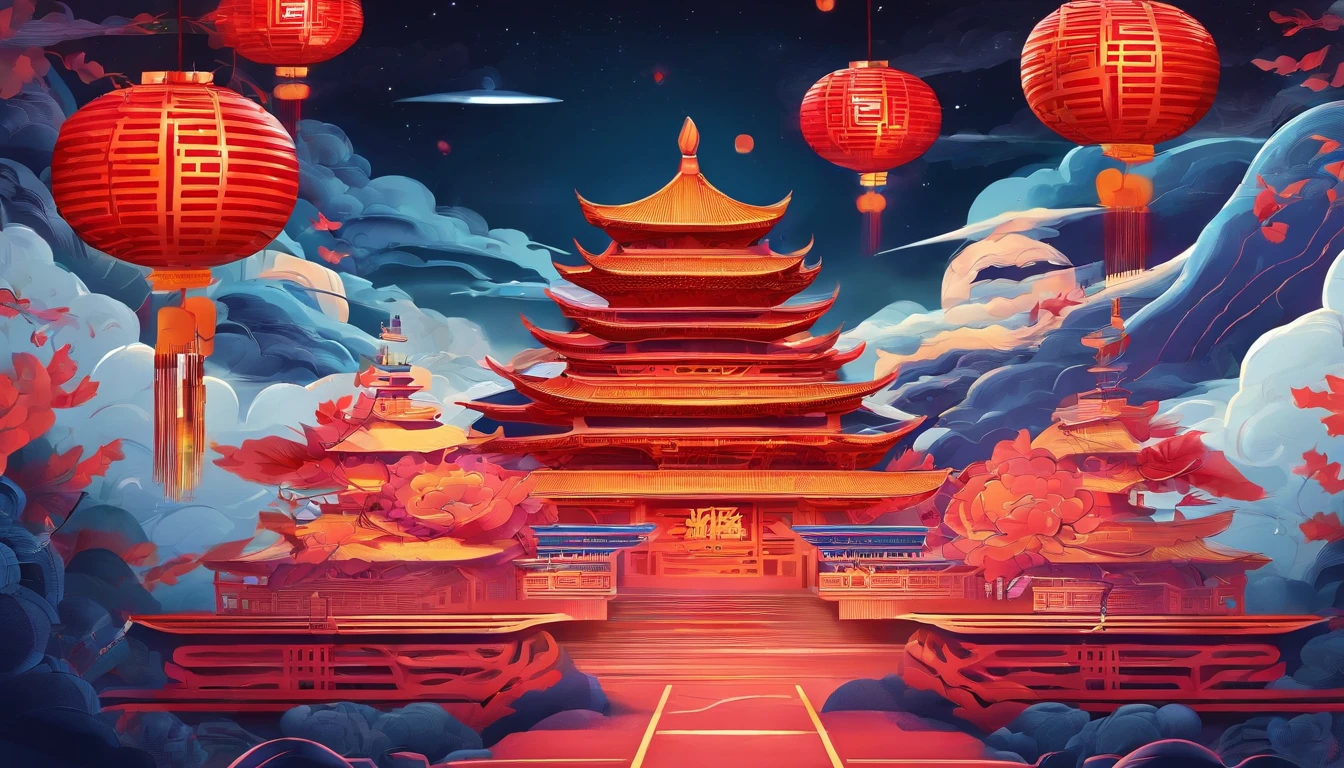 Mid-Autumn Festival，Moon cake， Auspicious clouds, Red lanterns, Exquisite ancient Chinese architecture, In the background is a huge moon, With vector line illustration, amarelo、Red and dark blue tones, Abstract picture, surrealism, Clear background trends, clear contour light, Edge light, fantasy, Dappled light, Flat illustration,Disney style, 8K, --AR 9:16 --q 2 --niji 5