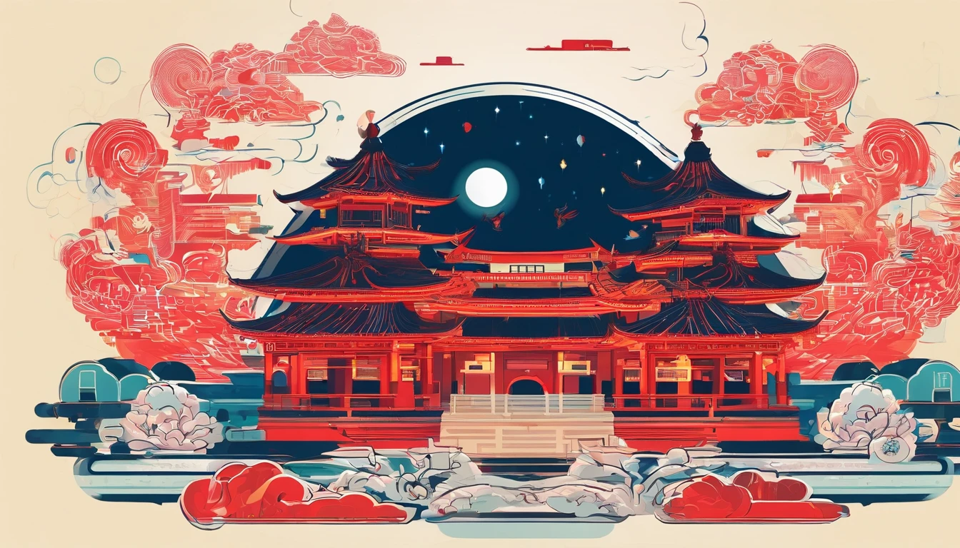 Mid-Autumn Festival,Moon cake, Auspicious clouds, Red lanterns, Exquisite ancient Chinese architecture, In the background is a huge moon, With vector line illustration, amarelo、Red and dark blue tones, Abstract picture, surrealism, Clear background trends, clear contour light, Edge light, fantasy, Dappled light, Flat illustration,Disney style, 8K, --AR 9:16 --q 2 --niji 5