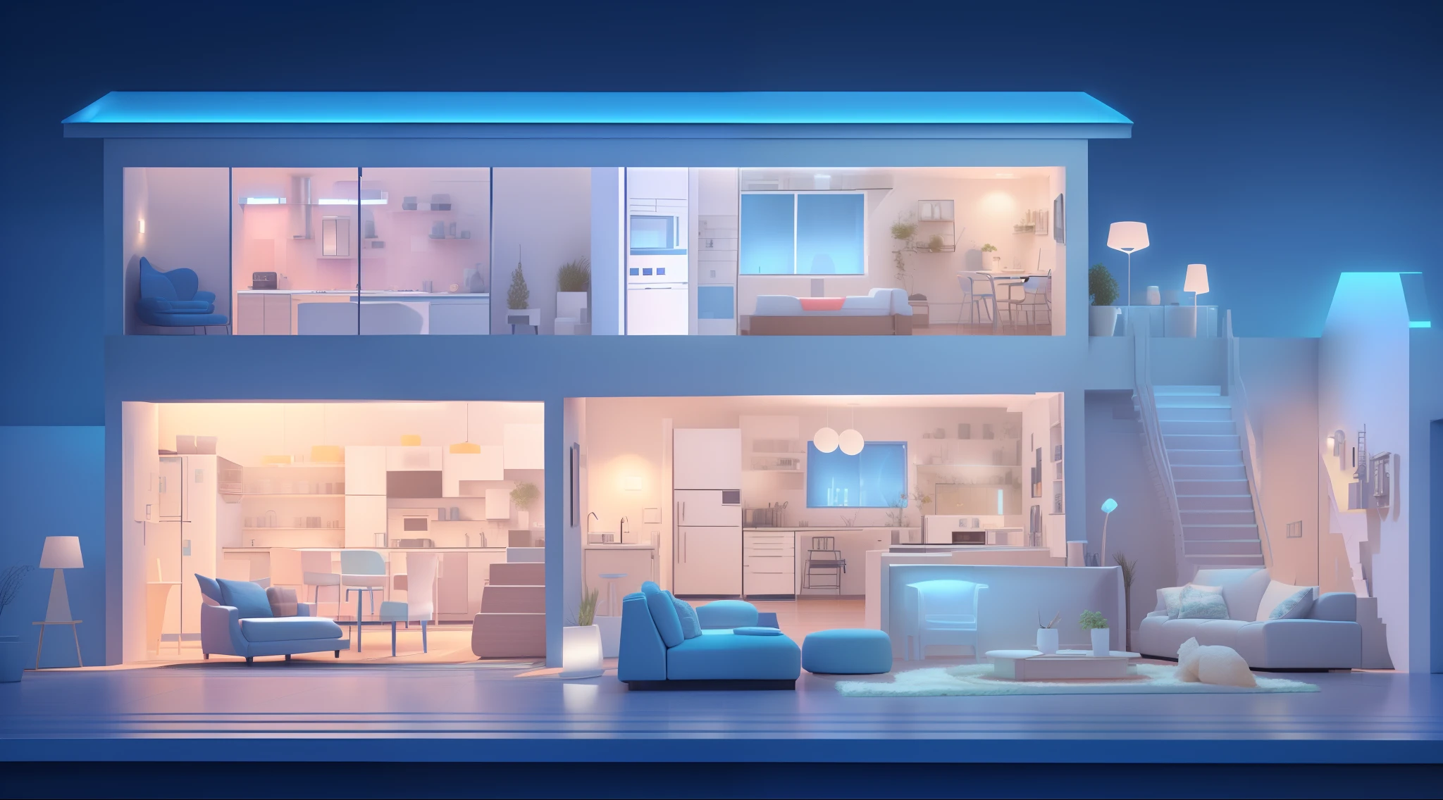 There is a small house with living room and kitchen, designed for cozy aesthetics!, cozy home background, interior background art, retro futuristic apartment, cyberpunk apartment, Detailed 2D illustration, brightly lit blue room, interior design background, Flat illustration, house interior, glowing blue interior components, 3 d render beeple, night time render, picture of a loft in morning