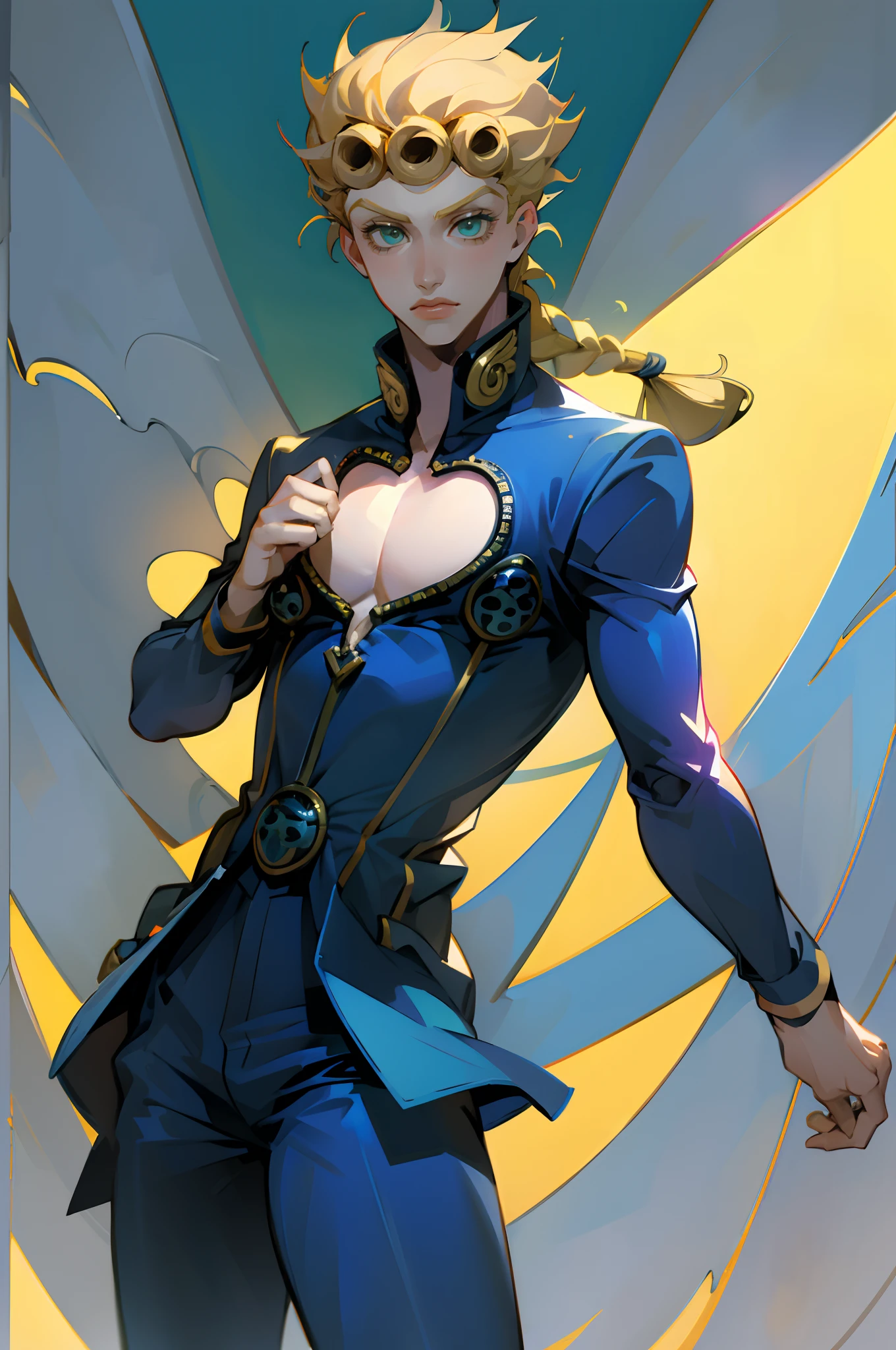 Giorno Giovanna, solo, green eyes, blonde hair, 1boy, braid, male focus, clothing cutout, cleavage cutout, pectorals, blue suit, cowboy shot