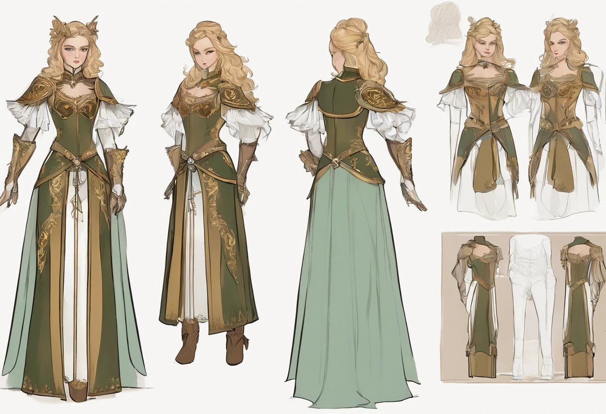 Knightly style,Costume design sheet, front and back view, Detail layout with multiple sections, colour art, Colorful, 2D, sticker art, Anime Academy, Highly detailed