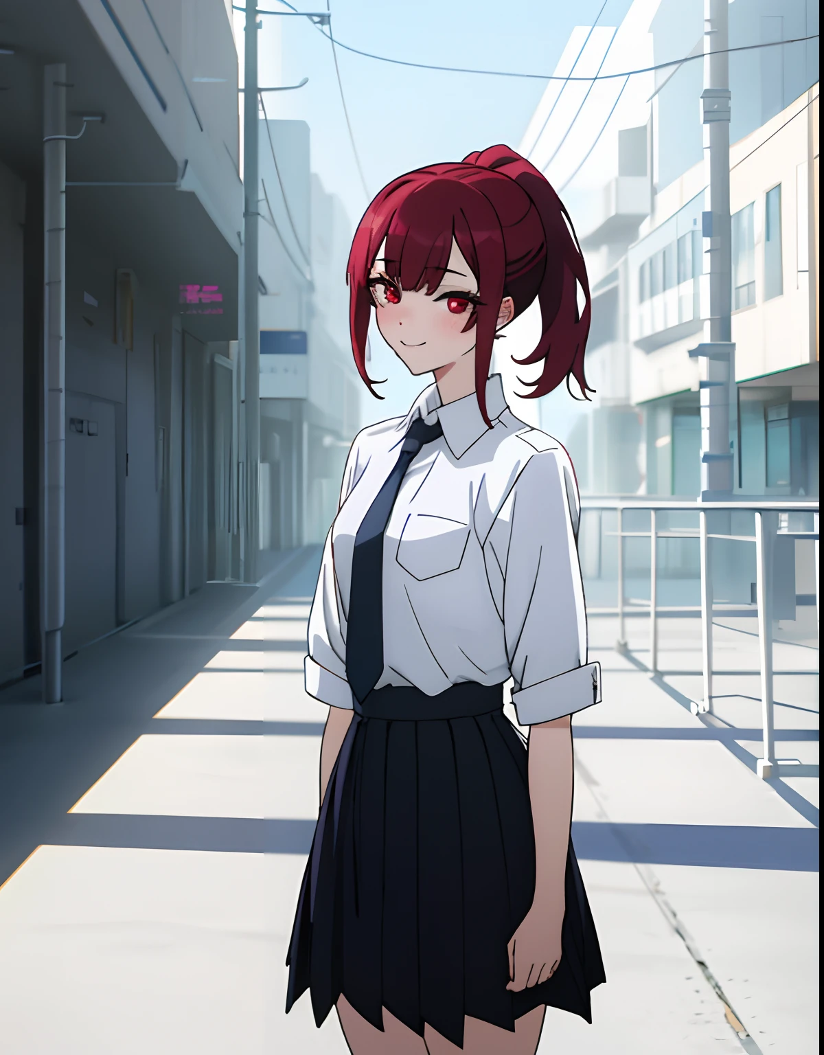 4k, Masterpiece, hight resolution, absurdress,natural volumetric lighting and better shadows, Deep depth of field, sharp-focus, Soft, Gentle, Beautiful, attractive face,Anime style bisquedoll ,[kitagawa marin with red hair|Nadia], 1girl, upper-body, red hair, black skirt, short red hair with little ponytail, looking a viewer, black skirt, red eyes, school uniform, Shirt, exteriors, Smile, 独奏, Standing,whitebackground, white shirt, without a tie.