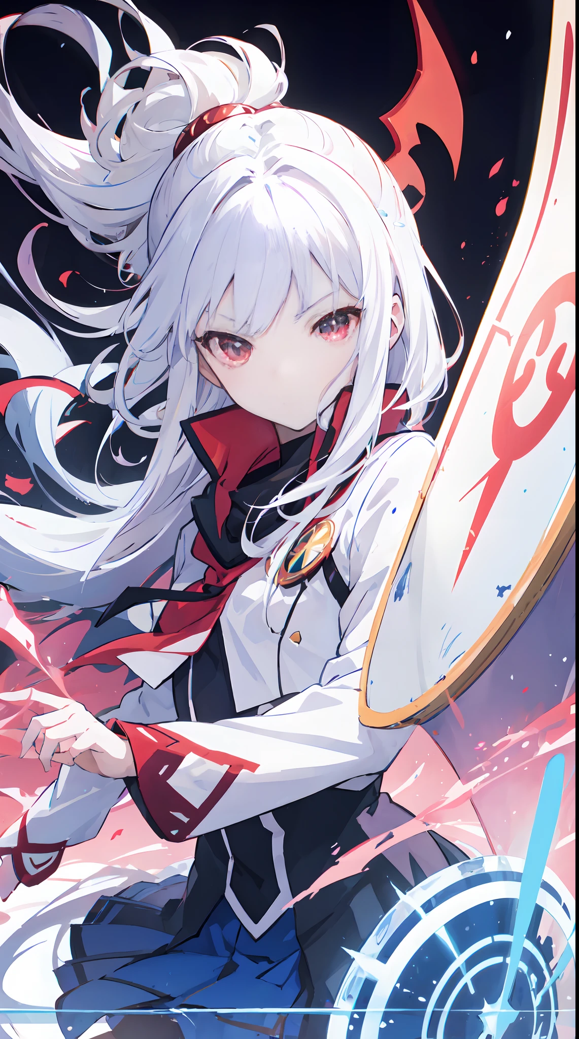 anime girl with white hair and red eyes holding a shield, blue magic circle, ice magic, best anime 4k konachan wallpaper, white haired deity, zerochan art, anime art wallpaper 8 k, anime style 4 k, ufotable art style, detailed anime art, anime art wallpaper 4 k, anime art wallpaper 4k, ryuko matoi, white haired, anime wallaper