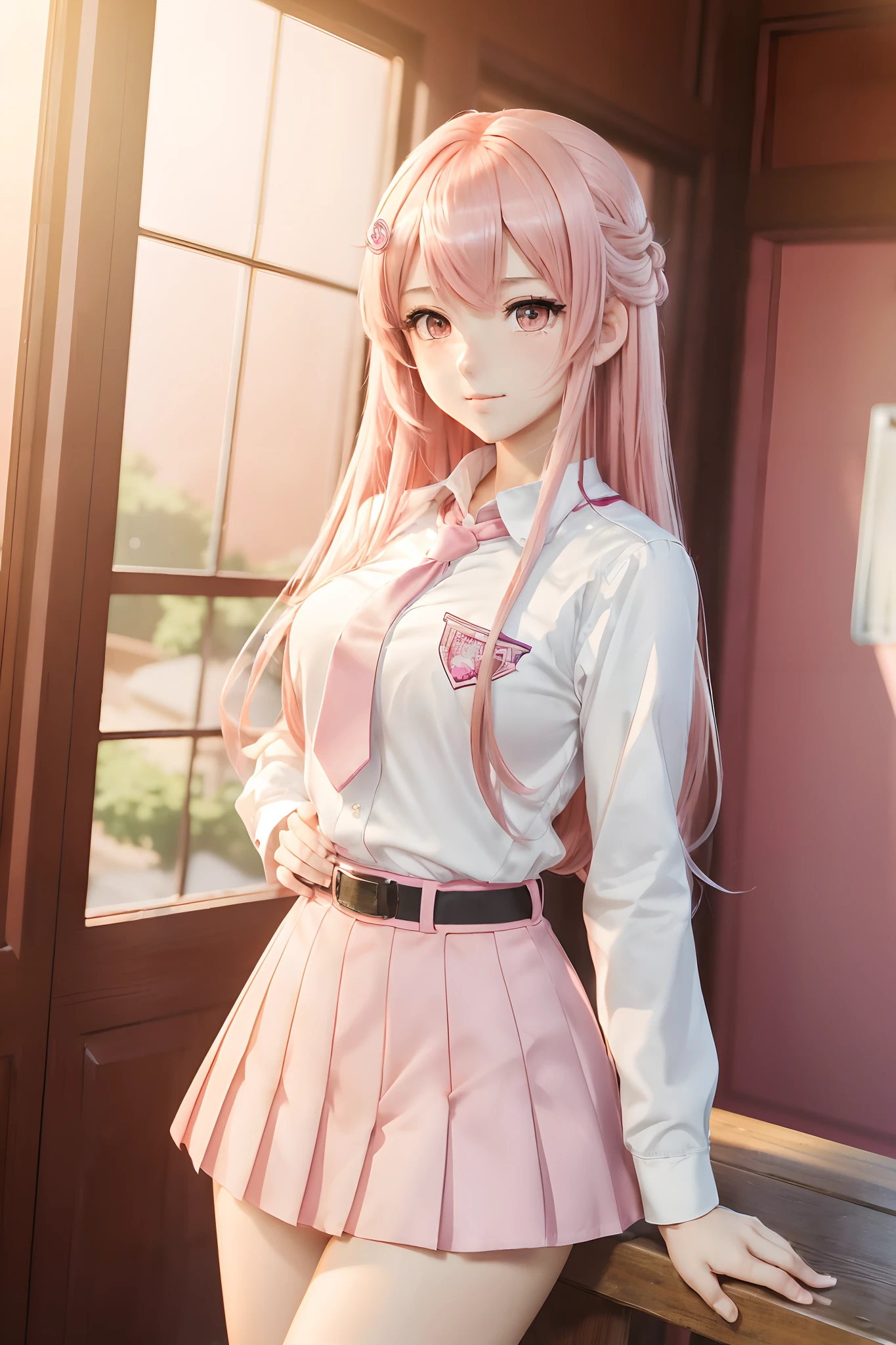 (8k, 4k, high resolution,masterpiece, best quality:1.3, anime style), 1girl, nice hands, cowboy shot, upper body, flirting, 18yo, beautiful hips, pink hair, straight hair, party hair, hazel eyes, front layers hairstyle, thick thigh, pink eyes, ((sharp focus)), school uniform, in school
