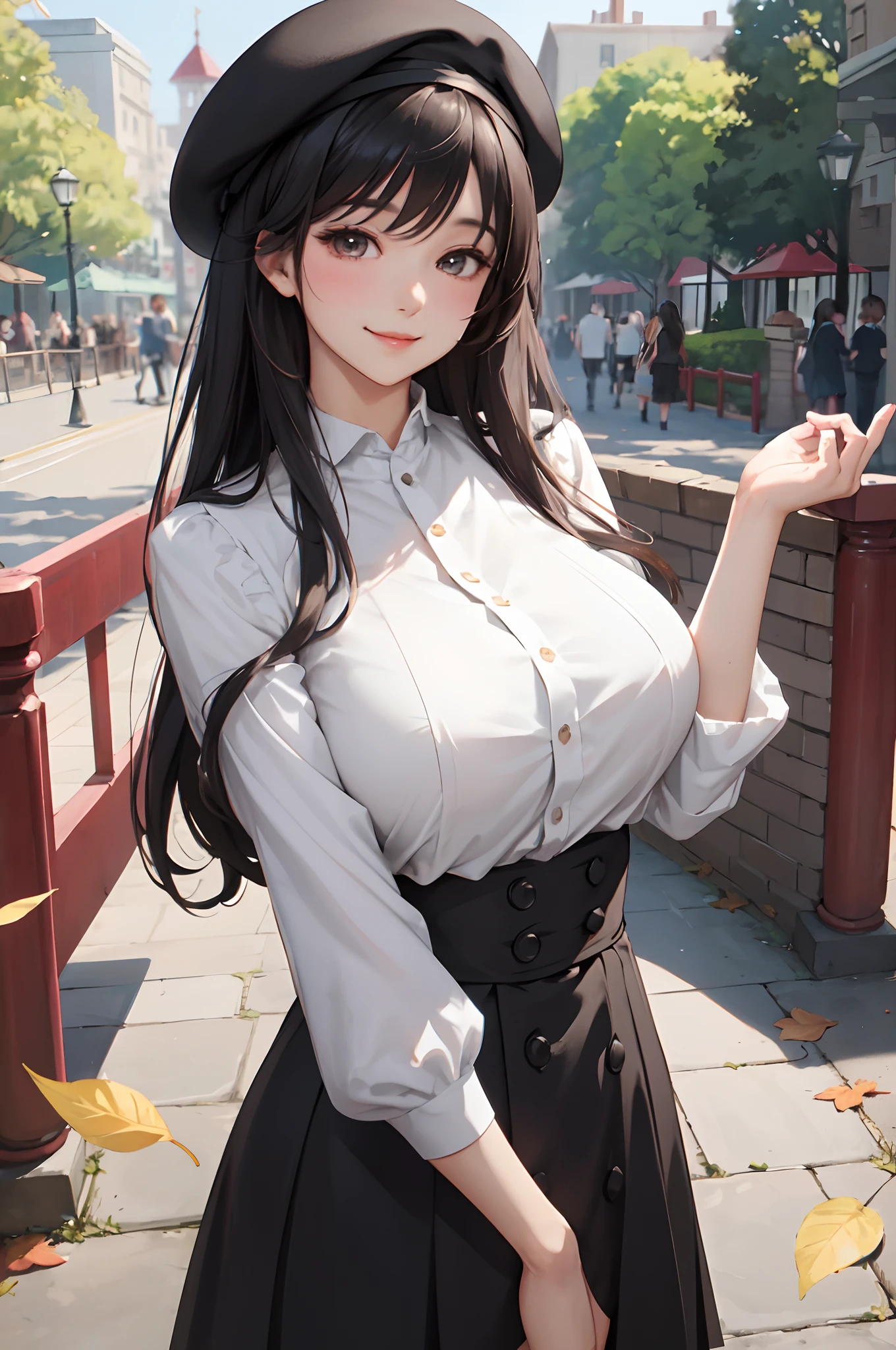 1lady standing, mature female, /(tunic shirt high-waist skirt/) beret, /(black hair/) bangs, blush kind smile, (masterpiece best quality:1.2) delicate illustration ultra-detailed, large breast, arms down BREAK /(amusement park outdoors/) bricks road, fallen leaves, detailed background