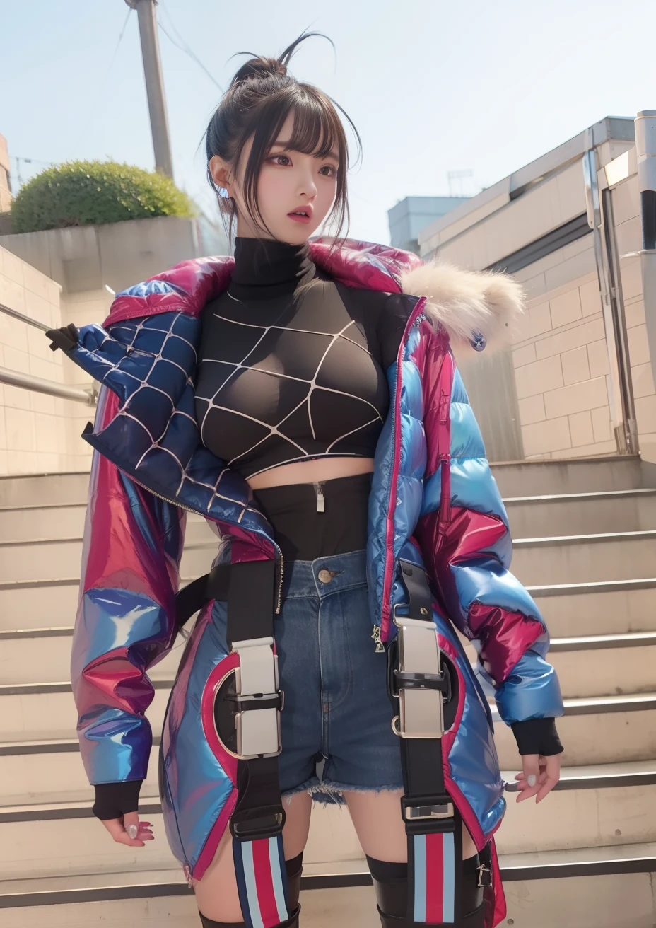 cool expression、infp young woman、Good Style、short-cut、Shiny Blue Shorts、Blue jacket、Idol face、large full breasts、、long boots、fishnet tights、Black tops with a spider web pattern、cool expression