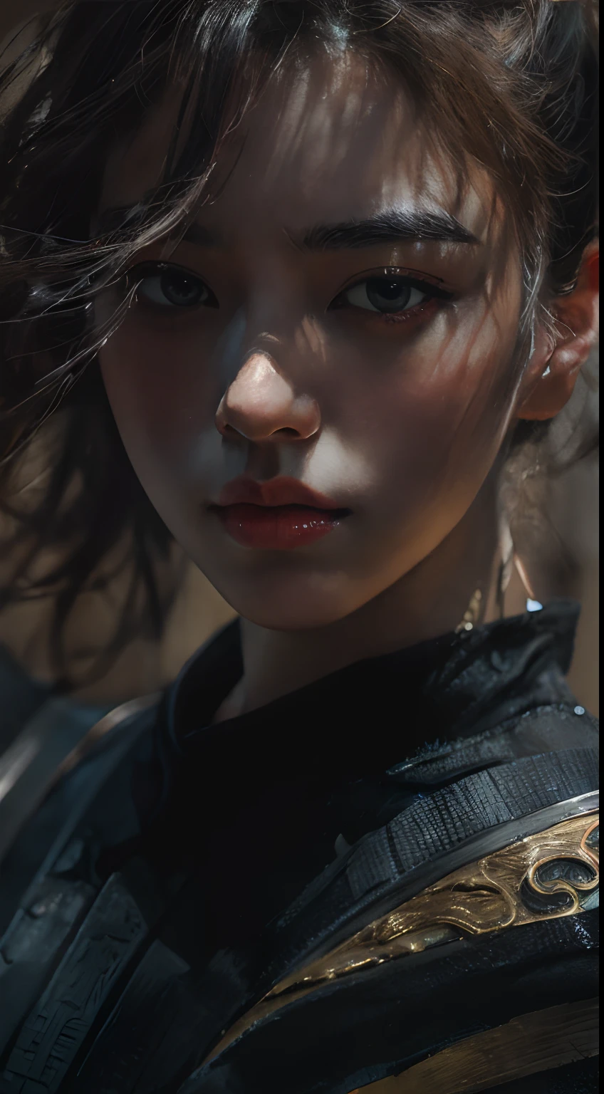 Best quality, realistic, close up of a person holding a sword and a sword, guweiz artwork, detailed eyes and face, long eyelashes, intense expression, holding a katana sword, shiny blade, fine craftsmanship, dark background, dramatic lighting, vibrant colors, high contrast, unique brushstrokes, intricate details, dynamic composition, powerful stance