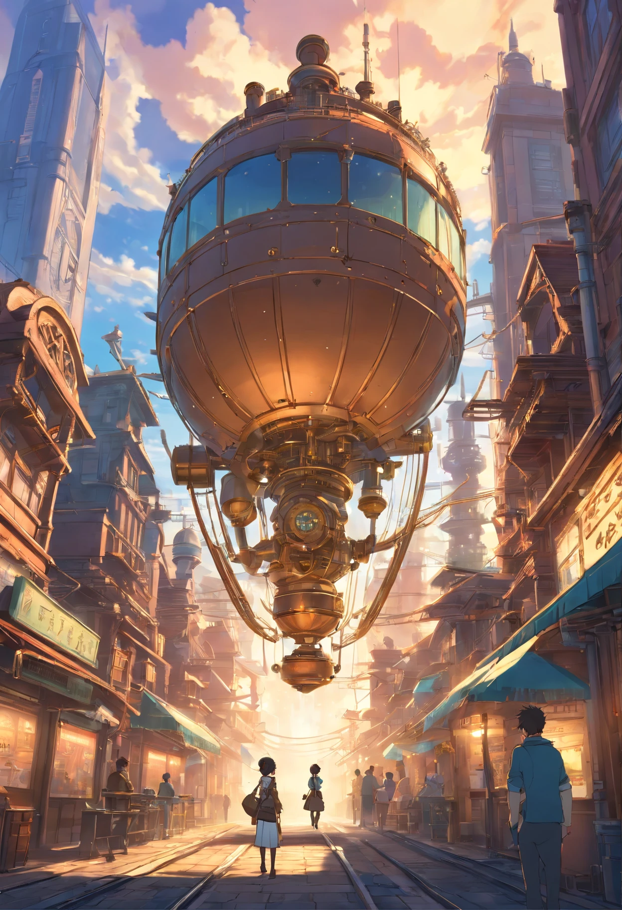 Street view of a mesmerizing hybrid world that blends the elements of steampunk and steelpunk aesthetics. The scene unveils a captivating realm where futuristic technology and Victorian-era machinery coexist in perfect harmony. The landscape is adorned with towering skyscrapers constructed of gleaming bronze and steel, their imposing structures reaching towards the heavens. Intricate gears, cogs, and steam-powered contraptions adorn the cityscape, revealing the intricate craftsmanship of the steampunk era