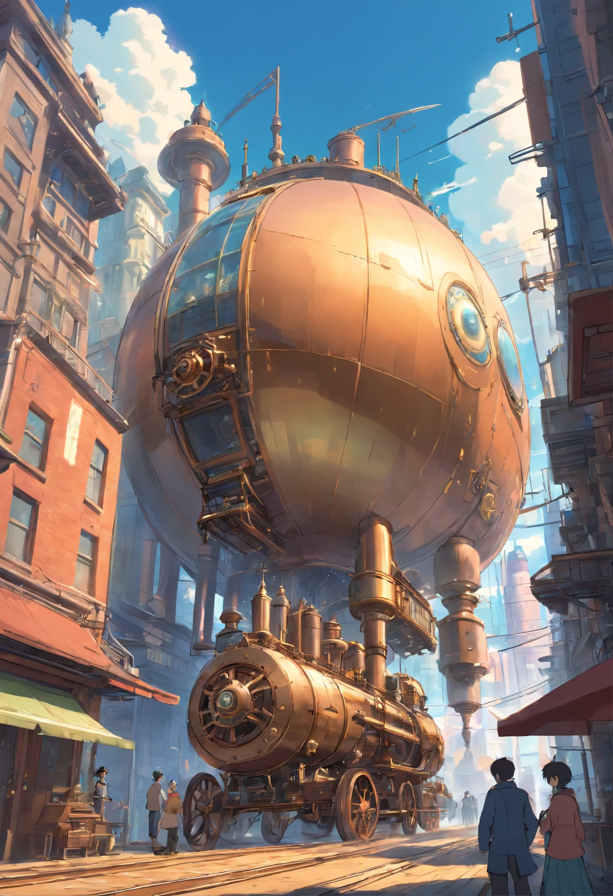 Street view of a mesmerizing hybrid world that blends the elements of steampunk and steelpunk aesthetics. The scene unveils a captivating realm where futuristic technology and Victorian-era machinery coexist in perfect harmony. The landscape is adorned with towering skyscrapers constructed of gleaming bronze and steel, their imposing structures reaching towards the heavens. Intricate gears, cogs, and steam-powered contraptions adorn the cityscape, revealing the intricate craftsmanship of the steampunk era