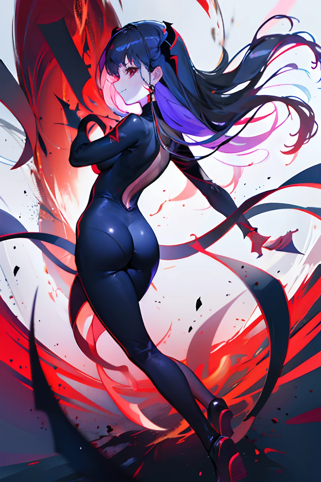 Black full body suit Red lines all over the body 3 year old girl seductiv a smile succubus Rear view