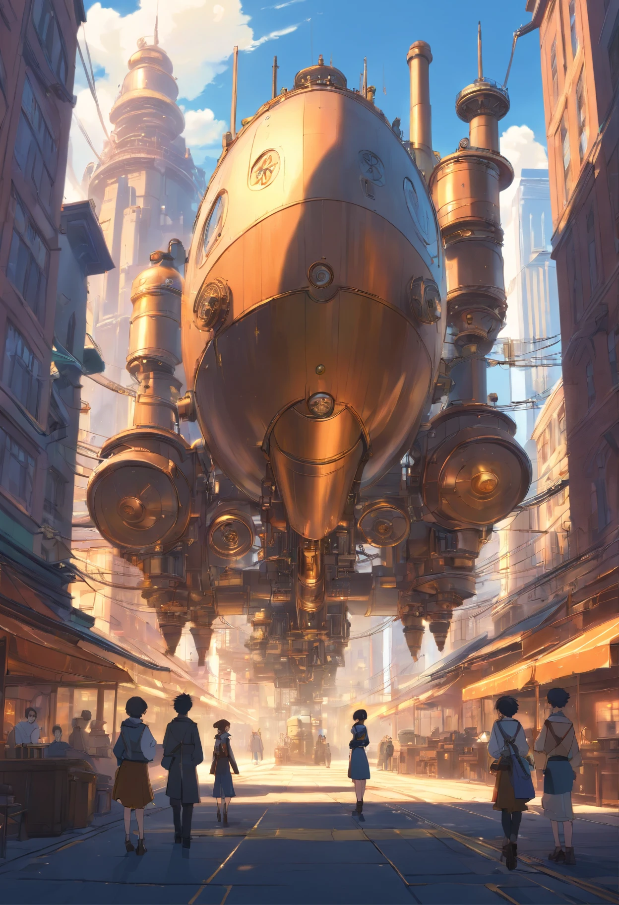 Street view of a mesmerizing hybrid world that blends the elements of steampunk and steelpunk aesthetics. The scene unveils a captivating realm where futuristic technology and Victorian-era machinery coexist in perfect harmony. The landscape is adorned with towering skyscrapers constructed of gleaming bronze and steel, their imposing structures reaching towards the heavens. Intricate gears, cogs, and steam-powered contraptions adorn the cityscape, revealing the intricate craftsmanship of the steampunk era