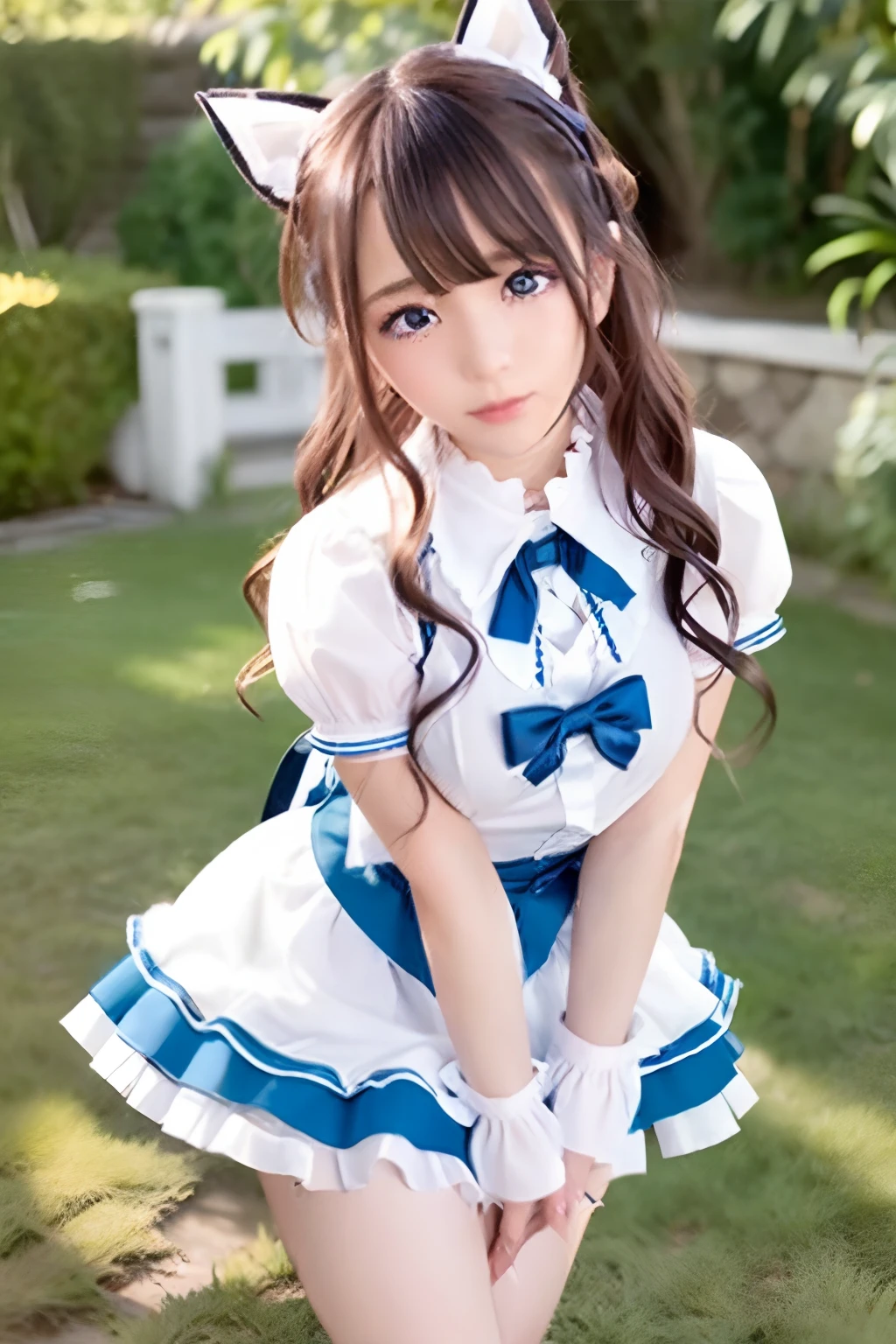 (Skin blemishes:1.2),1womanl, 21years old, (((femele))), (Skindentation), a gorgeous, realisitic, top-quality, Photorealsitic, masterpiece, 8K, hight resolution, extra detailed face, passport photo, fullface, (profetional lighting、bokeh dof), (light particules、lensflare、Luminous particles:0.6)、(dynamicposes:1.2)、Soft lighting、Top Angle View、Fashionable and trendy atmosphere、((Look at viewers))、 (looking in camera)、(portlate:0.6)、is standing、close up of face、(middlebreasts:1)、(The long-haired)、masterpiece, top-quality, Hi-Res, girl with, Sailor Senshi Uniform, magical girl, blue eyess, elbowgloves, tiarra, frills skirt, Hair Ribbon, a miniskirt, a choker, white glove, Very long hair, jewely, 耳环, sitted, feet crossed,cosplayer、maid clothes、alice in the wonderland、miku hatsune、Cat's ears、