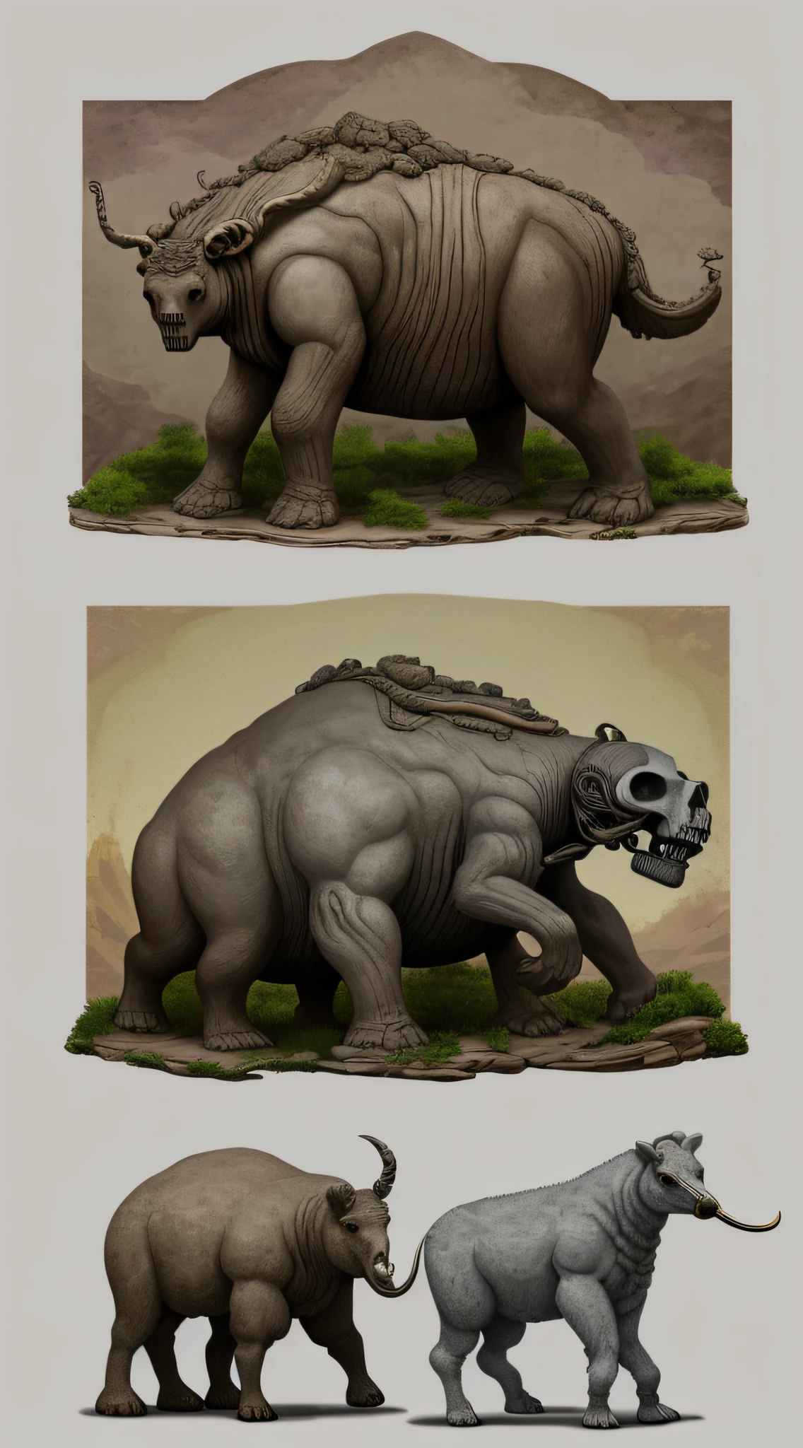 Illustrate a side-by-side comparison of a Deinotherium giganteum skull fossil and a Cyclops figure from Greek mythology.