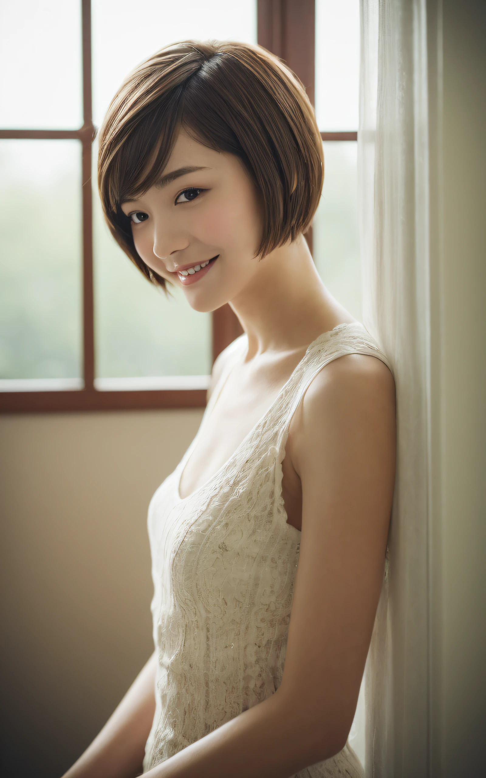 of the highest quality, Realistic, Perfect human body structure, Very detailed, Very delicate and beautiful, Raw photography, livingroom, Professional Lighting, Luminescent, depth of fields, Single focal length, Full body, girl, Smile, Brown hair, small head, ((Big)), Baby face, eyes, Real Face, Realistic skin, Detailed eyes, (Fashionable short hairstyles: 1.3), Sexy Pose, The background is a window, Outside the window、There is an idyllic countryside with rolling hills, absurderes、incredibly absurd res、Extremely fine,