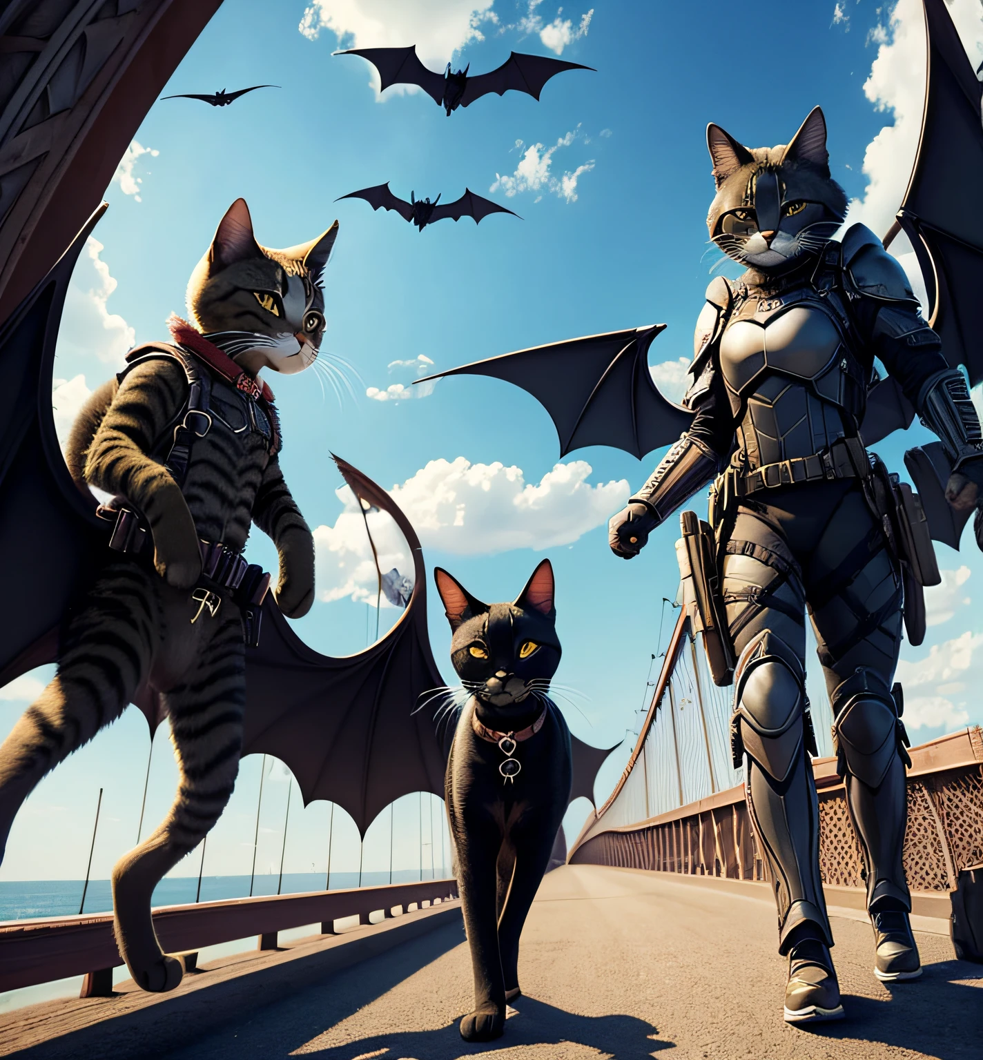 best quality, african-american cats with wings walking over a bridge, wearing tactical gear and body armor, bats in the sky, c4ttitude, highly detailed, masterpiece