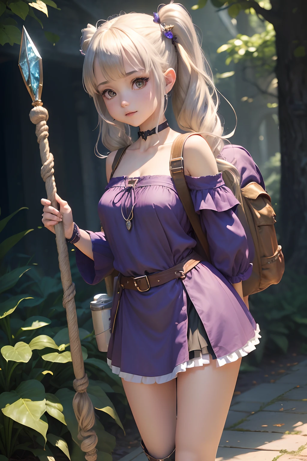 (1girl in),,( absurdly , High quality , ultra-detailliert ),,(masutepiece),(Treasury),（Twilight、Lit up）,(long-haired blonde twin-tails),（(priest dress)）,(Cute 3D anime petite girl rendering),hyperdetailed face,(delighted),Wearing long boots,Halo, Perfect face and nice perfect face,,Blue long skirt,(Fantasy Adventurer Style）,（Embark on an adventurous journey）,(Carry a rucksack).（With a staff in her right hand）,（A rope is wrapped around the waist）,Delicate and sexy collarbone,Bare shoulders,Purple Off Shoulder Shirt,（Glad to discover treasures）,Far angle,Gold and silver treasures