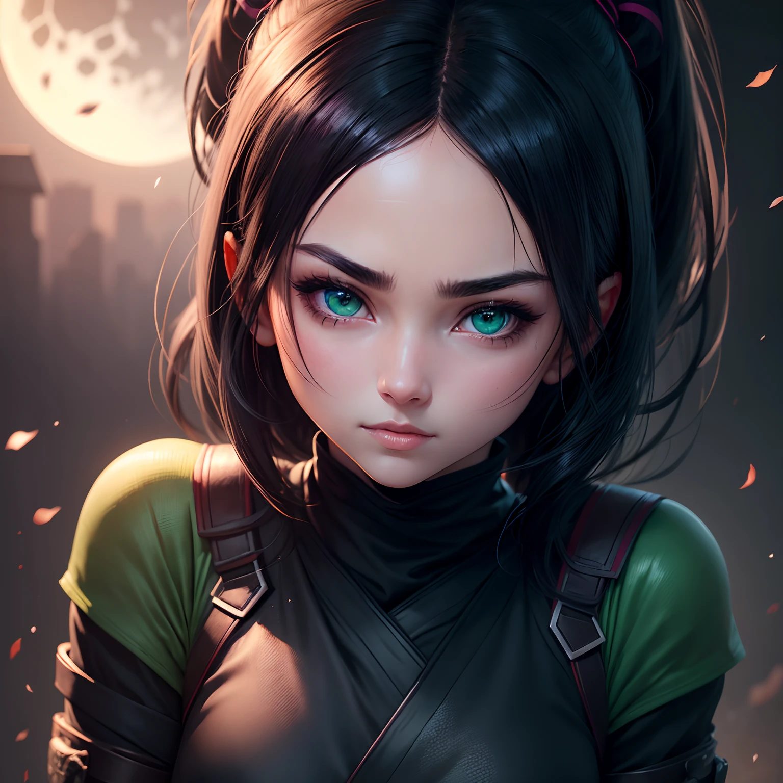 Ninja girl portrait, beatiful green eyes, ultra detailed eyes, blush, black hair, face black mask, 8k, masterpiece, dark background,  cinematic lighting, moon, shinning moon on forehead