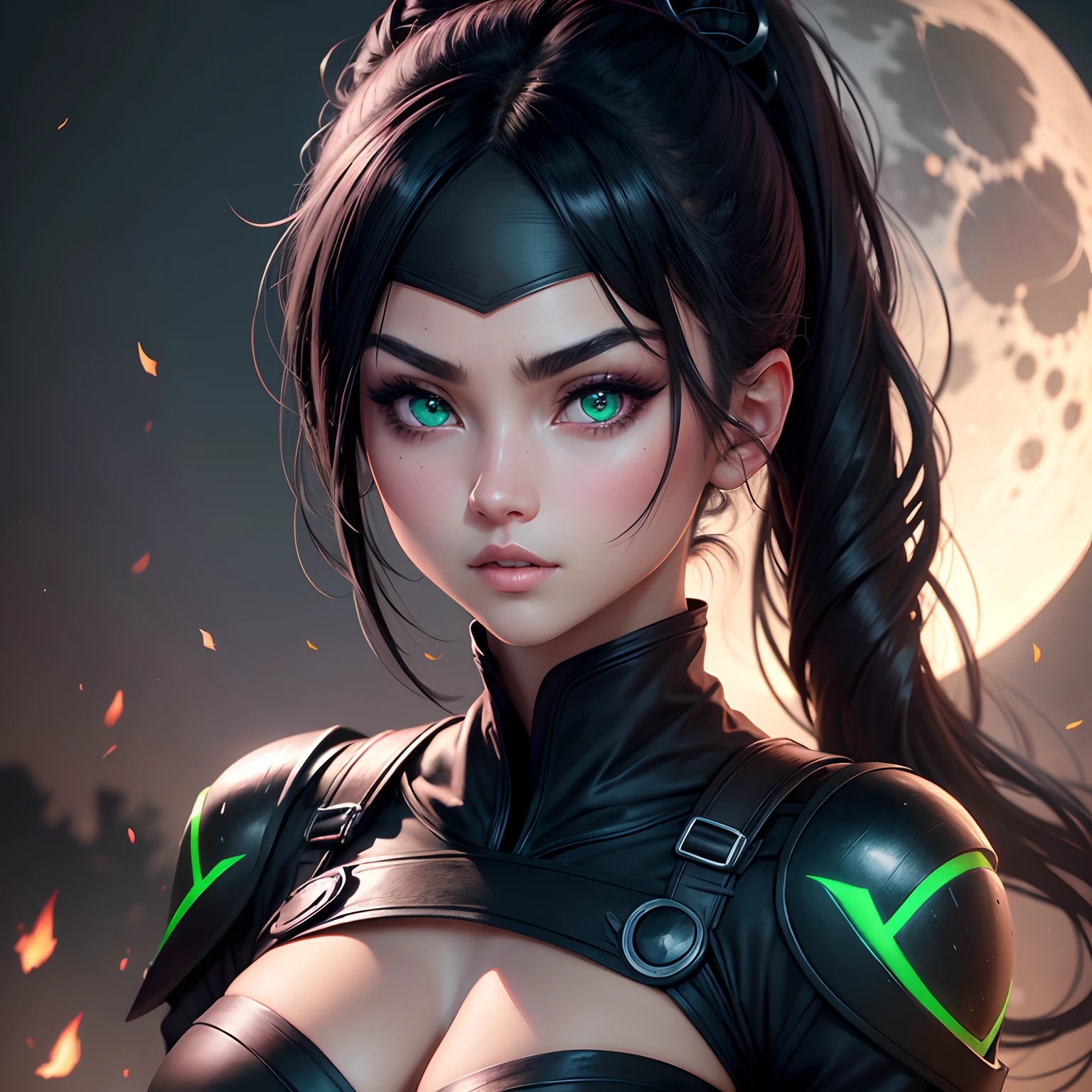 Ninja girl portrait, beatiful green eyes, ultra detailed eyes, blush, black hair, face black mask, 8k, masterpiece, dark background, cinematic lighting, moon, shinning moon on forehead