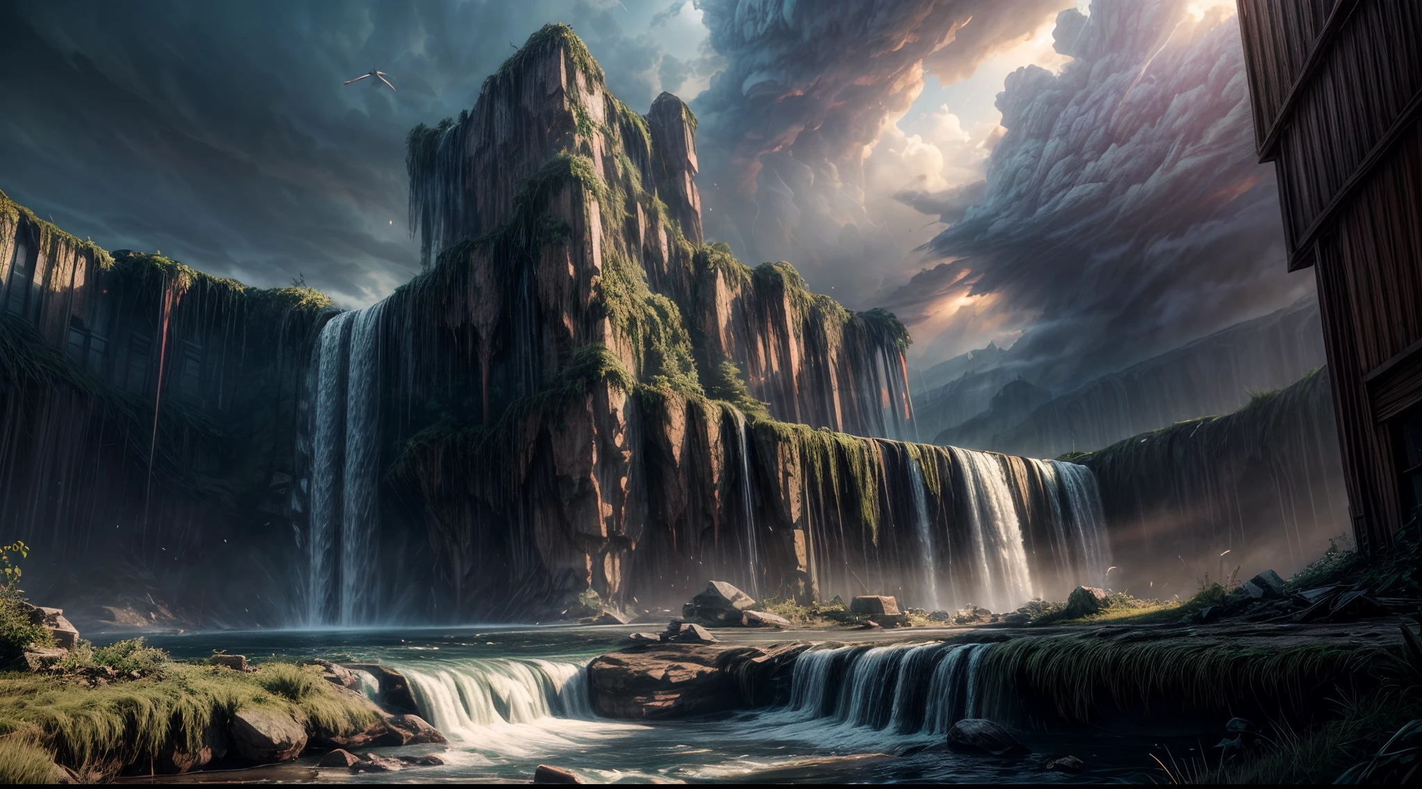 overgrown postapocalyptic ruins, birds in the sky, a rainbow, waterfall : : close shot : : 3 5 mm, realism, octane render, 8 k, exploration, cinematic, trending on artstation, realistic, 3 5 mm camera, unreal engine, hyper detailed, photo - realistic maximum detail, volumetric light, moody cinematic epic concept art, realistic matte painting, hyper photorealistic, concept art, volumetric light, cinematic epic, octane render, 8 k, corona render, movie concept art, octane render, 8 k, corona render, cinematic, trending on artstation, movie concept art, cinematic composition, ultra - detailed, realistic, hyper - realistic, volumetric lighting, 8 k