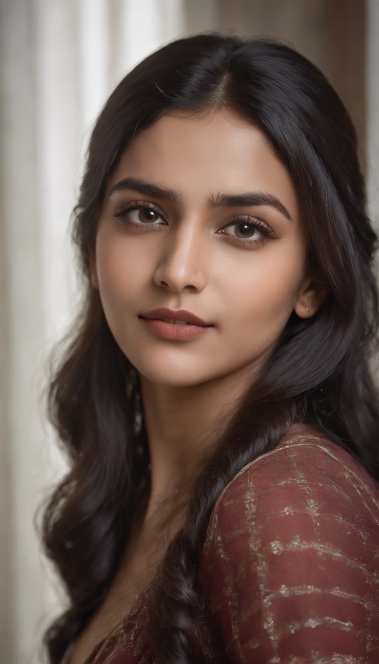 Photorealistic:2.5, mid-portrait of 24 years old Indian woman, side braided, beautiful, wet long wavy_hair, delicate black eyes, small smile, black hair, high_detailed skin:1.5, pores:1.1, closed lips, straight shoulder, round breasts, cleavage:0.3, head, warm lighting, 24mm lens at f1.2, sony alpha a7s III, facing straight to camera, bathroom background, perfect eyes, Detailed face, Indian doll, fashion photography, fashion model, super model, wearing black checked shirt, no jewellery