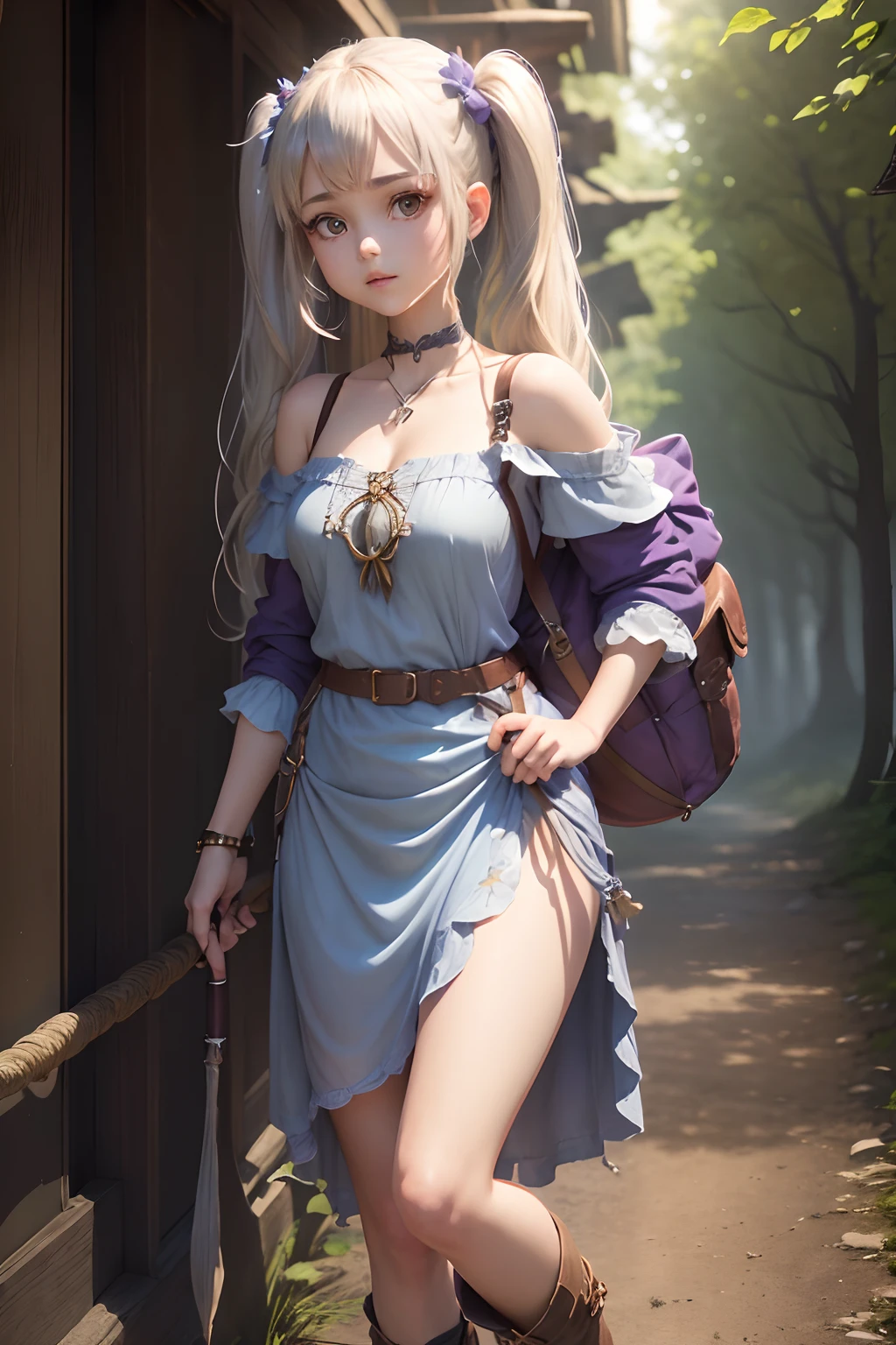 (1girl in),,( absurdly , High quality , ultra-detailliert ),,(masutepiece),(Treasury),(Twilight、Lit up),(long-haired blonde twin-tails),((priest dress)),(Cute 3D anime petite girl rendering),hyperdetailed face,(delighted),Wearing long boots,Halo, Perfect face and nice perfect face,,Blue long skirt,(Fantasy Adventurer Style),(Embark on an adventurous journey),(Carry a rucksack).(With a staff in her right hand),(A rope is wrapped around the waist),Delicate and sexy collarbone,Bare shoulders,Purple Off Shoulder Shirt,(Glad to discover treasures),Far angle,Gold and silver treasures