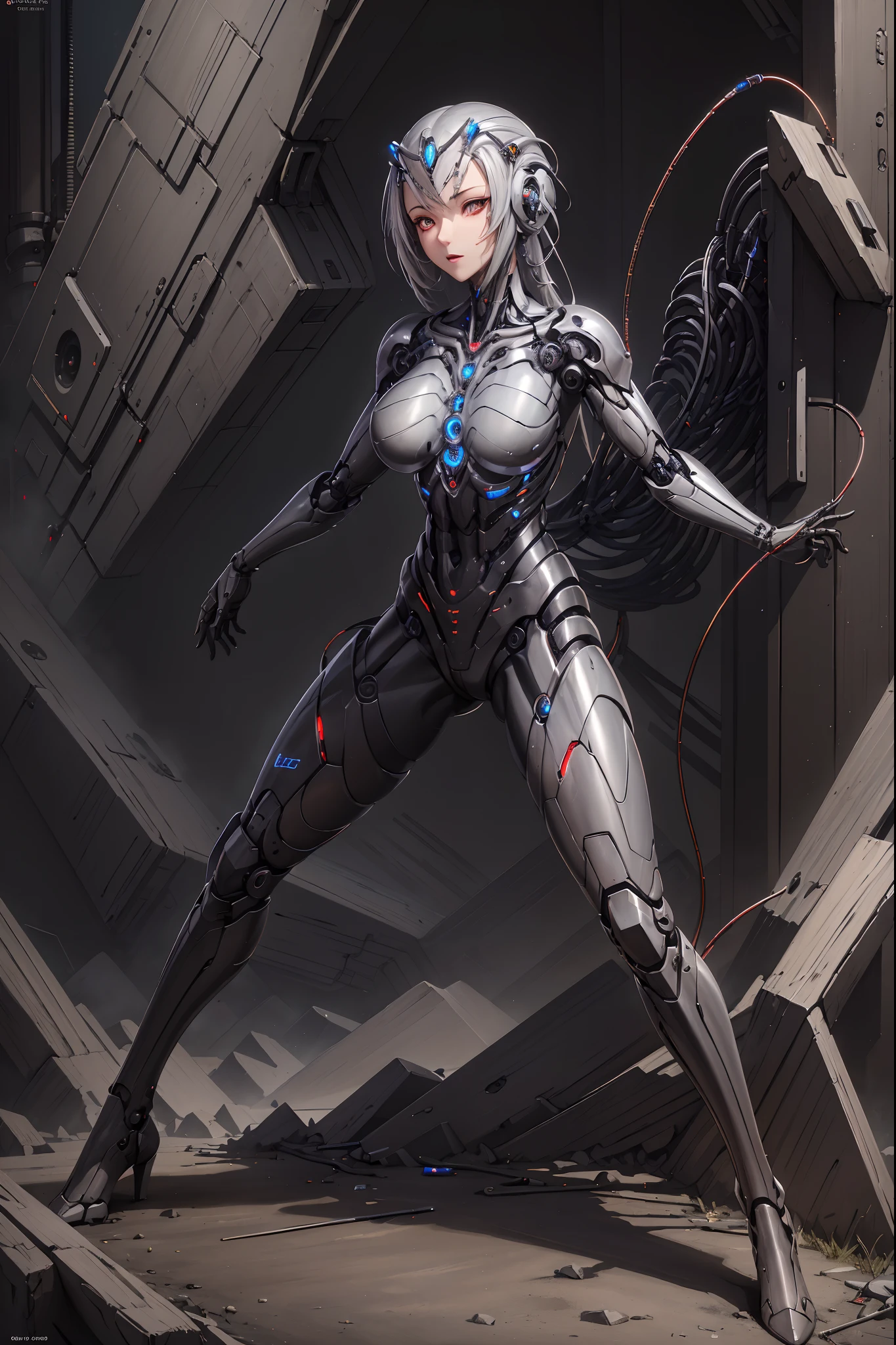 (((masterpiece))), ((best quality)), ((ultra-detailed)), (CG illustration), (an extremely devious and beautiful)), cinematic light, ((1 mechanical woman)), single, full, (machine-made joints: 1.4), ((mechanical limb)), ( blood vessels attached to the tube), ((mechanical spine attached to the back)), ((mechanical cervical vertebrae attached to the neck), ((combat stance)), expressionless, (wires and cables attached to the head and body: 1.5), (character focus), science fiction, apocalypse, glow, translucent skin, mechanical