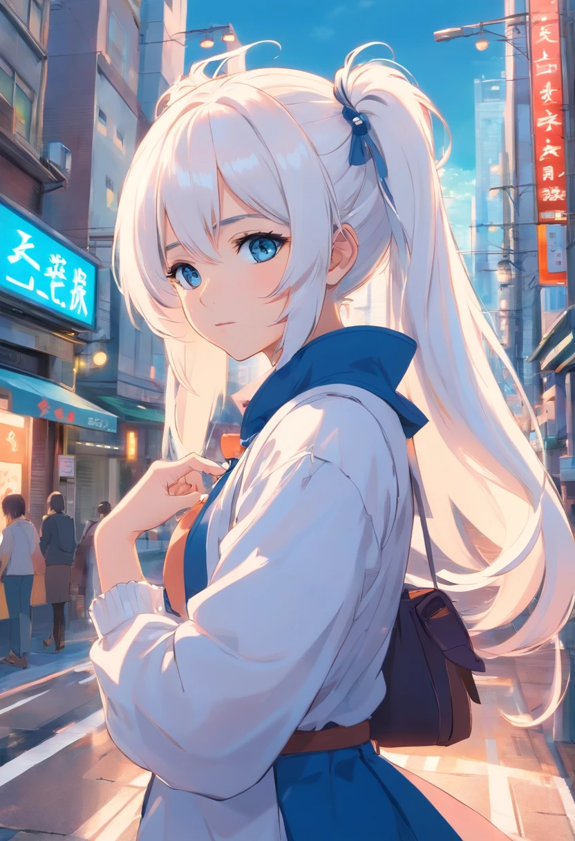 White color hair,Double ponytail curls,blue color eyes,White ta,Beth,A bustling city street