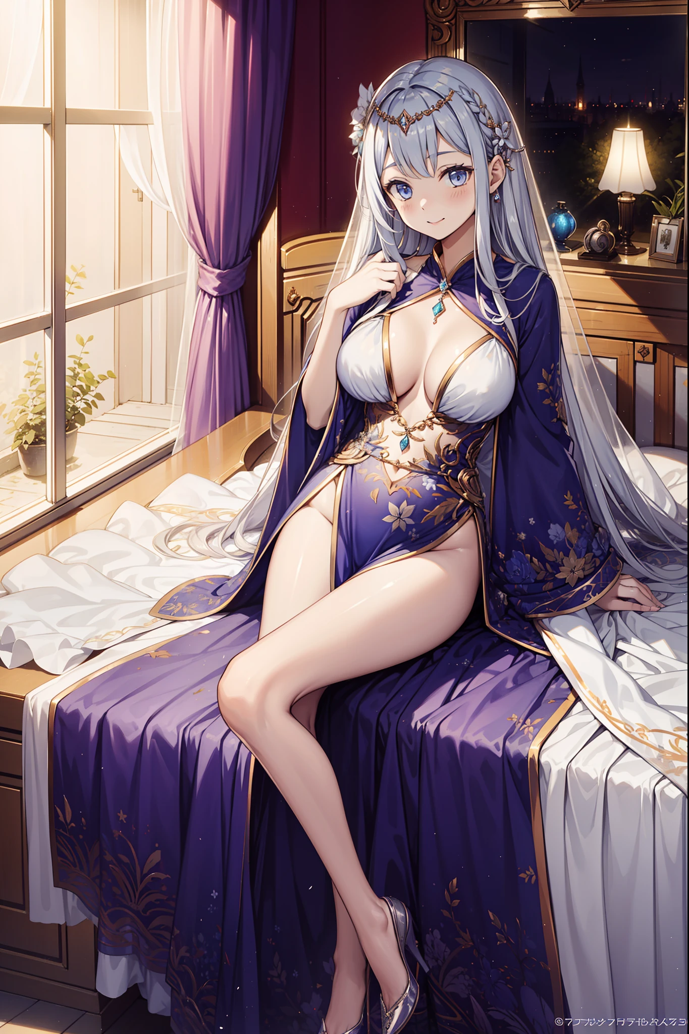 teens girl,Enchanted,having fun,Being in love,Pale white princess dress,Lilac cloth,see-through transparent clothes,exquisite costumes,Bedrooms,solo person,Light silver hair,eBlue eyes,the night