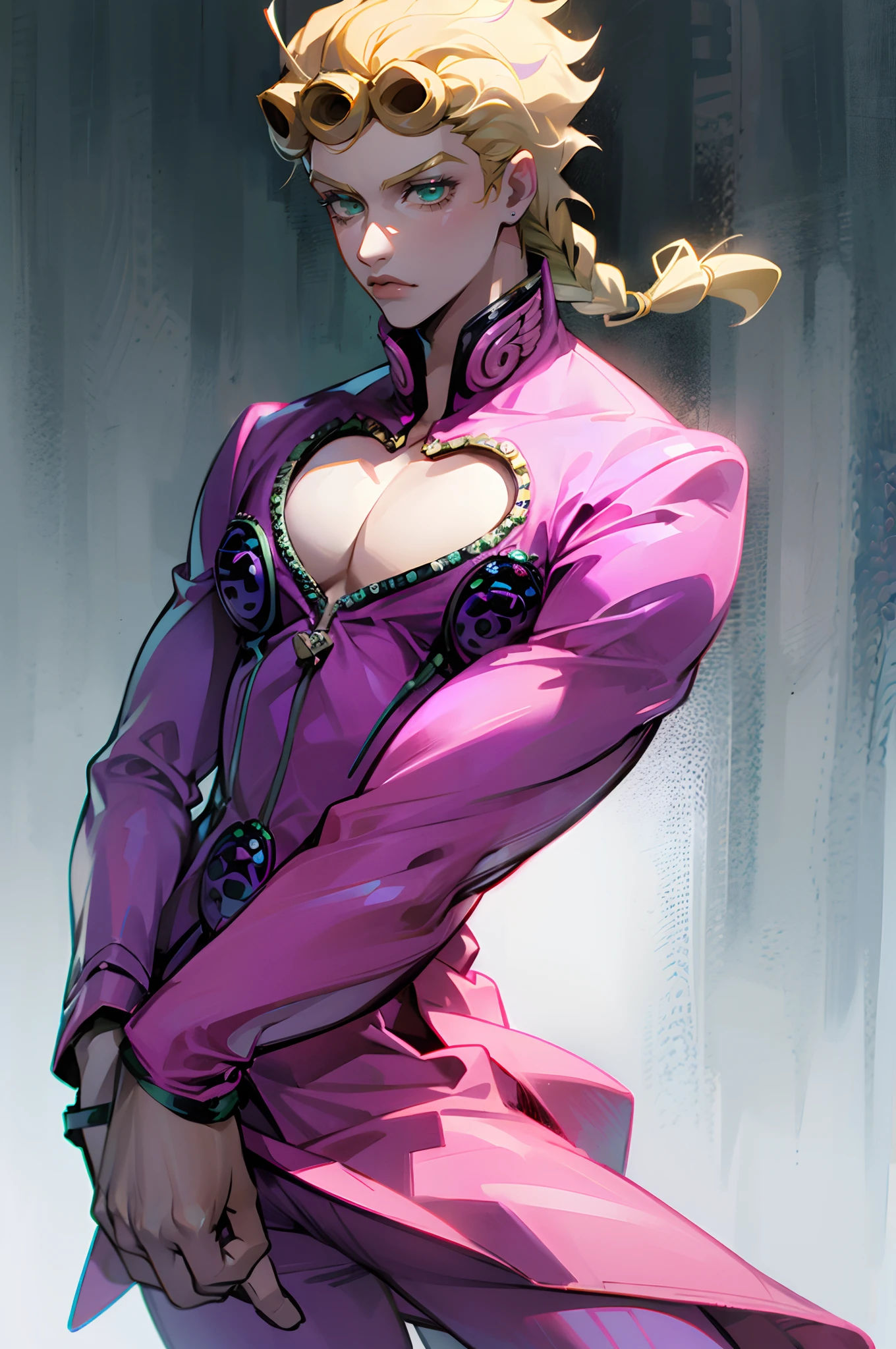 Giorno Giovanna, solo, green eyes, blonde hair, 1boy, braid, male focus, clothing cutout, cleavage cutout, pectorals, pink suit, cowboy shot