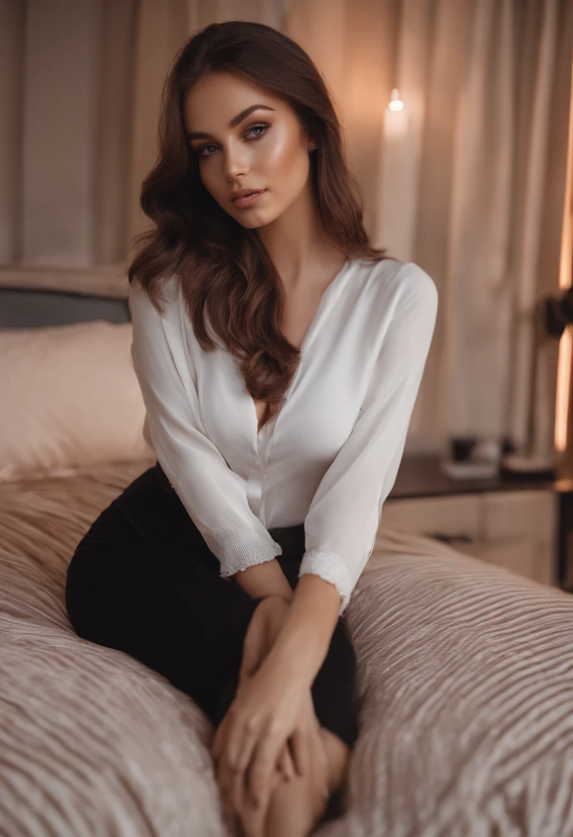 arafed woman with black clothes, sexy girl with brown eyes, portrait sophie mudd, brown hair and large eyes, selfie of a young woman, bedroom eyes, violet myers, without makeup, natural makeup, looking directly at the camera, face with artgram, subtle makeup, stunning full body shot, in bedroom, cleavage full breasts