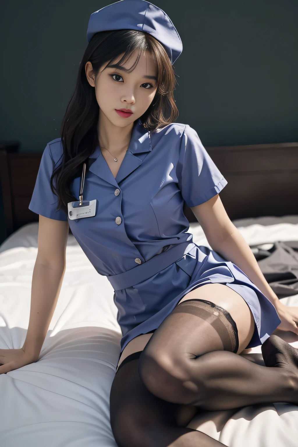 full bodyesbian:1.5),(1girll:1.3),(view the viewer:1.4),(anatomy correct:1.4),(Wear a nurse's uniform:1.2),(Opaque pantyhose:1.3),( Girls pointed-toe thick heels :1.1),(Accurate and perfect face:1.3),(Long legs:1.3),hyper HD, Ray traching, reflective light, structurally correct, Award-Awarded, High detail, Fade in and out shadow contrast, Face lighting ,Cinematic lighting, Masterpiece, super detailing, High quality, High detail, Best quality, 16k,High contrast,The background is a construction site:1.5 Fair skin:1.3 Wear a short skirt:1.3 Lie in bed:1.5