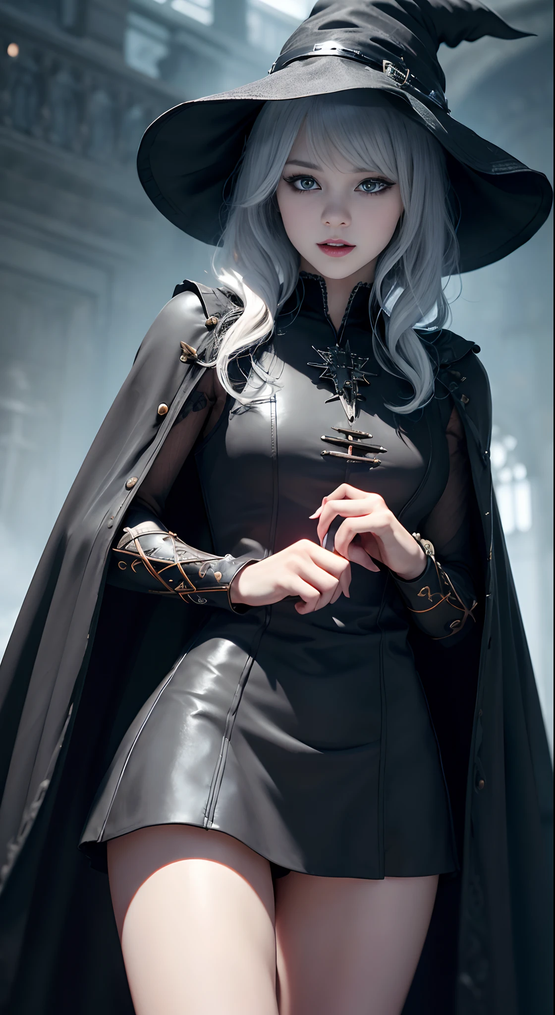 (skin indentation:1.5), Realistic, Photorealistic, (Masterpiece:1.5), concept-art, Intricate details, Highly detailed, Photorealistic, rendering by octane, 8K, illusory engine, Dynamic pose, Best quality, A high resolution, (Realistic face:1.1), (Hyperrealistic:1.1), Perfect eyes,(Shiny skin:1.2), (((Hairstyles))), (((Perfect hands))), (blur backgroun), ((Lightning)), (Light rays), ((1girll)), Wearing a witch cloak, (((Witch hat))), ((Detailed eyes, High quality eyes, High quality face)), (Extremely complex robes, Magic robes), Short hair, ((Dramatic)), Epic, Depth of field, Bokeh, 4K, Gothic, ((The hand uses spells to magic the body)), ((full bodyesbian)), Particle, fantastical scenes,((The character stays to the right,The character is on the right,Show off beautiful legs,Perfect 1:1.1))