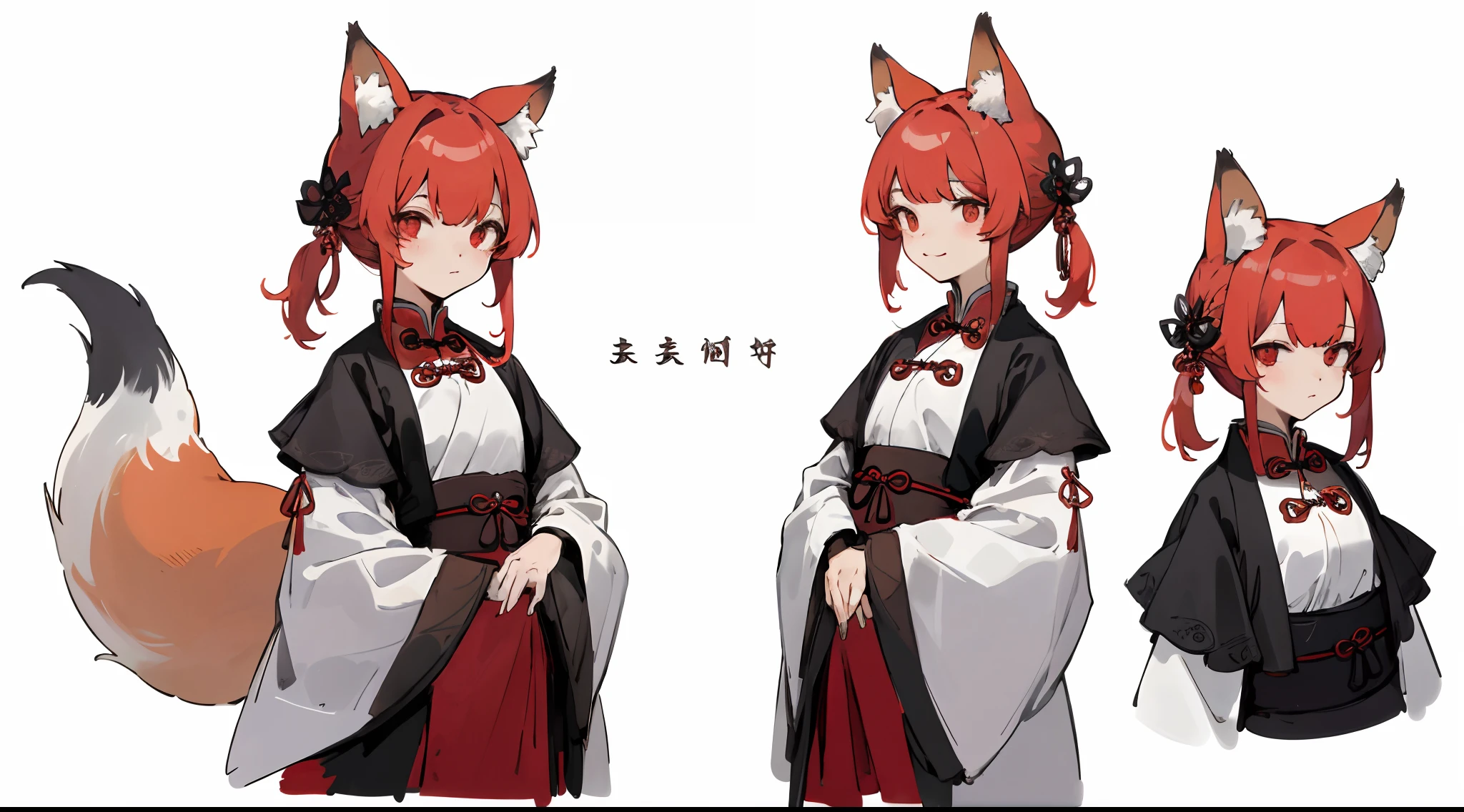Masterpiece: 1.6, Best Quality: 1.4, Live Image: 1.2, intricate details: 1.2, Graphicsournerv2: 1.2, petite girl, Vermilion hair, Fox ears, Chinese Clothing, whitebackground (Single background, whitebackground: 1.3), multiple views, Multiple images of the same character in one outfit: 1.3.