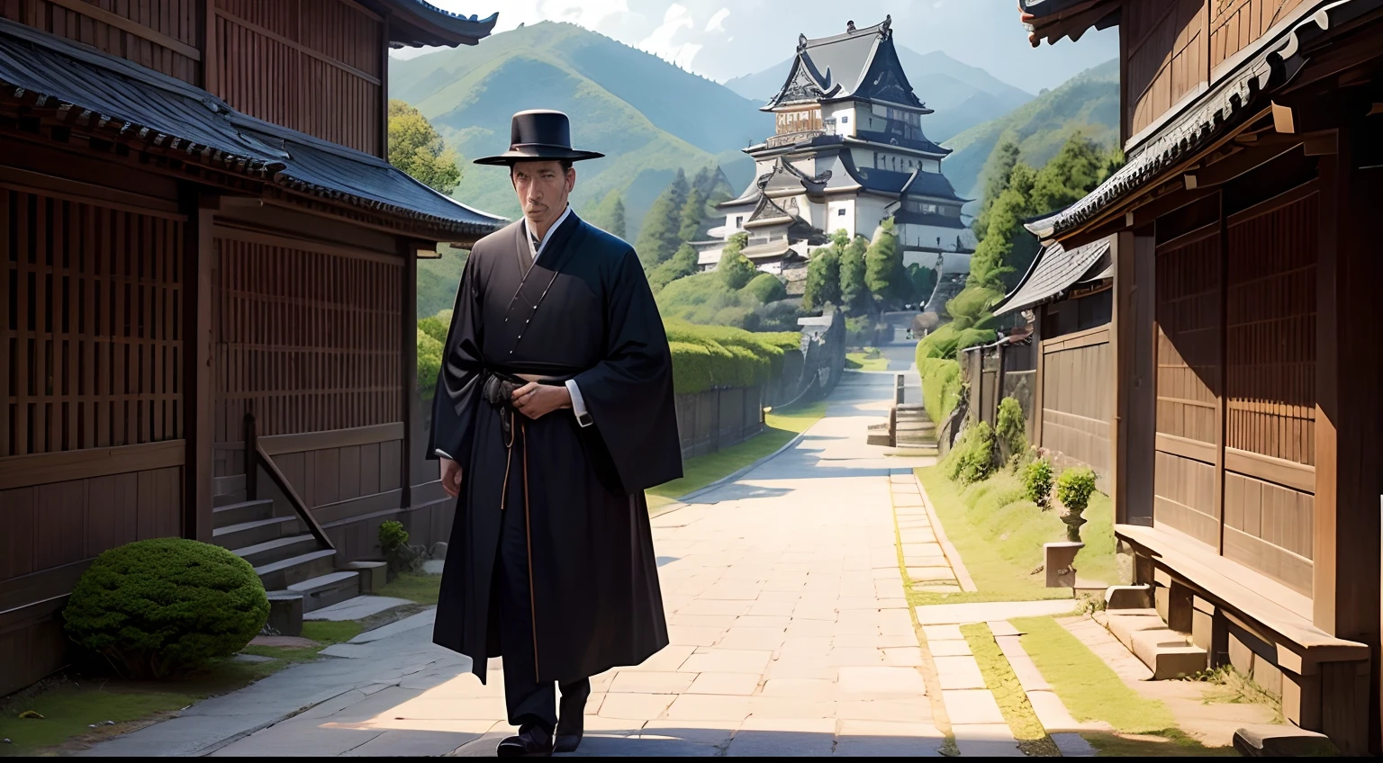 in the edo era、castle town、Priest in civilian clothes、Wearing a bishop's hat、Spanish missionaries、Scene of Francisco Xavier doing missionary work with several townspeople。Francisco Xavier is a man in his 50s with black hair.。