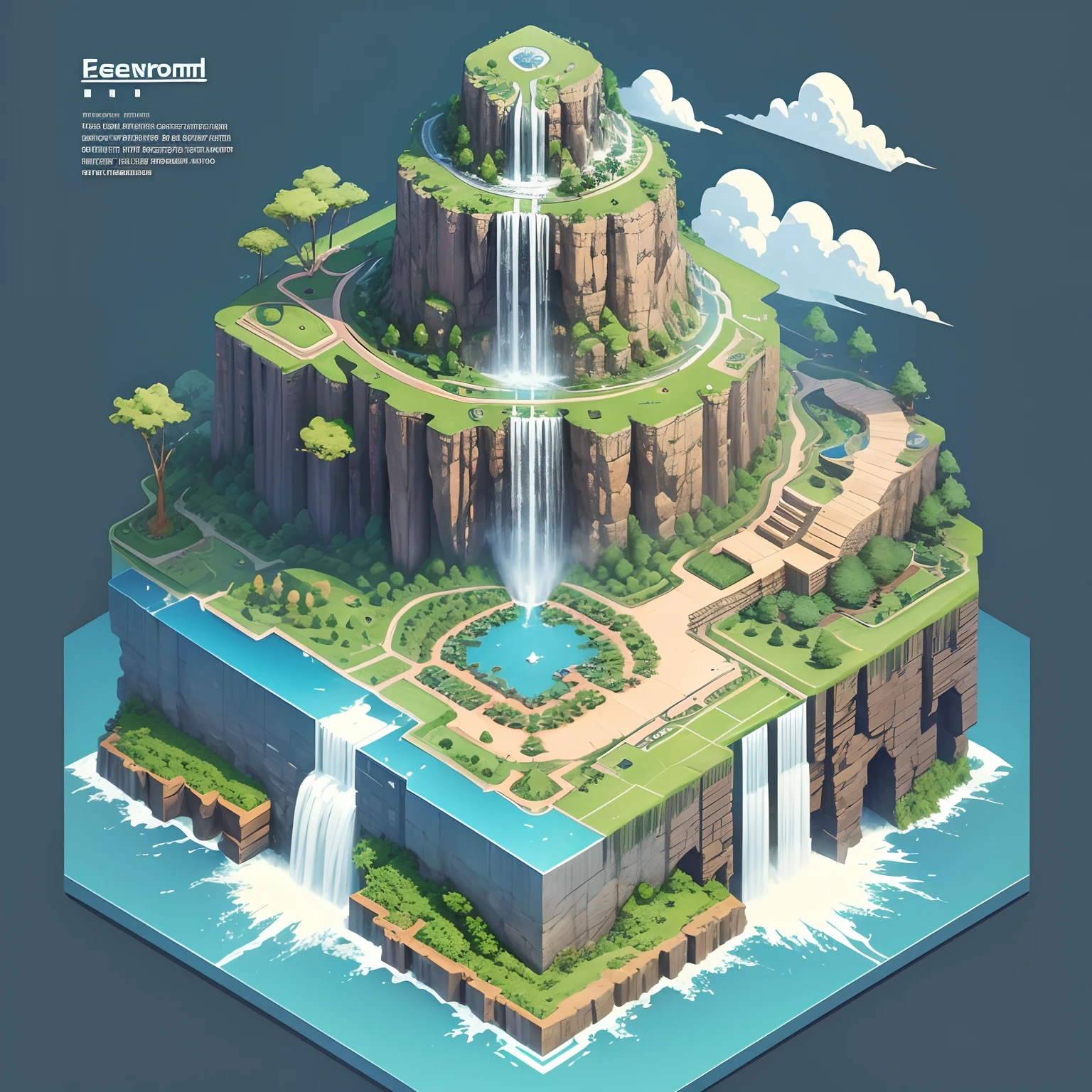 flat world beliefs, waterfall, schematic diagram, isometric, highly detailed, top quality
