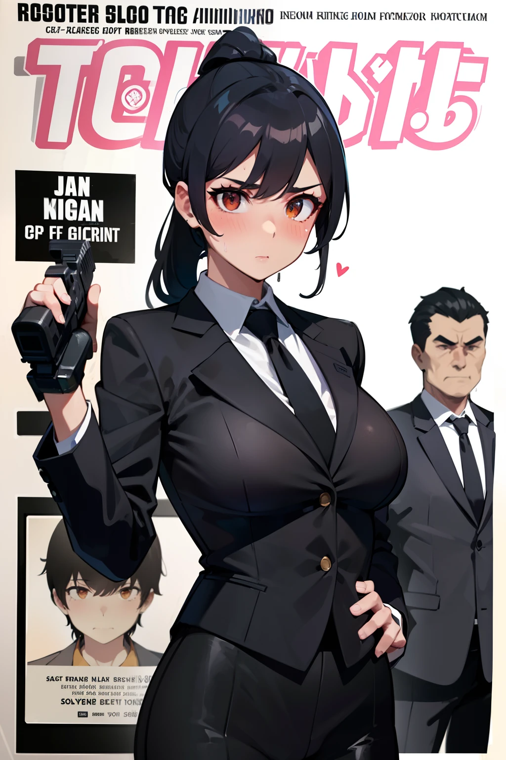 sweating, sweaty, slight tan, big boobs, tan skin, blush, black hair, ponytail, girl in a black suit holding a gun with both hands in black leather gloves, gun, black suit, man suit, tomboy, wearing tie, sfw, on train, bodyguard, movie star, gun, spy , cool spy, holding gun, action movie poster, poster cover, magazine cover, cute, man suit, black uniform, complete body covered