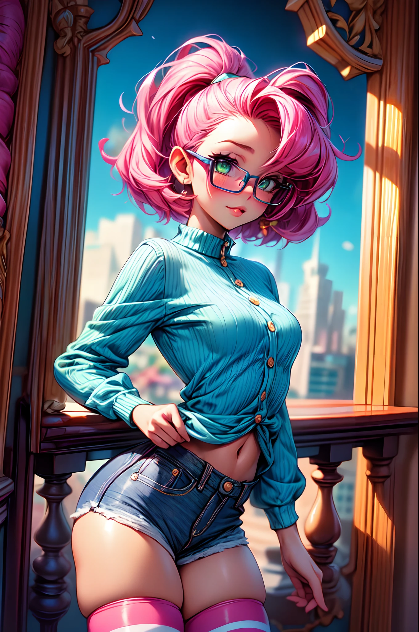 dreamlike, low angle shot, Best quality, Beautiful detailed, 1girl, medium breasts, small hips, green eyes, pink hair, crop top, denim shorts, bedroom, striped thighhighs,pervert, petite, glasses,