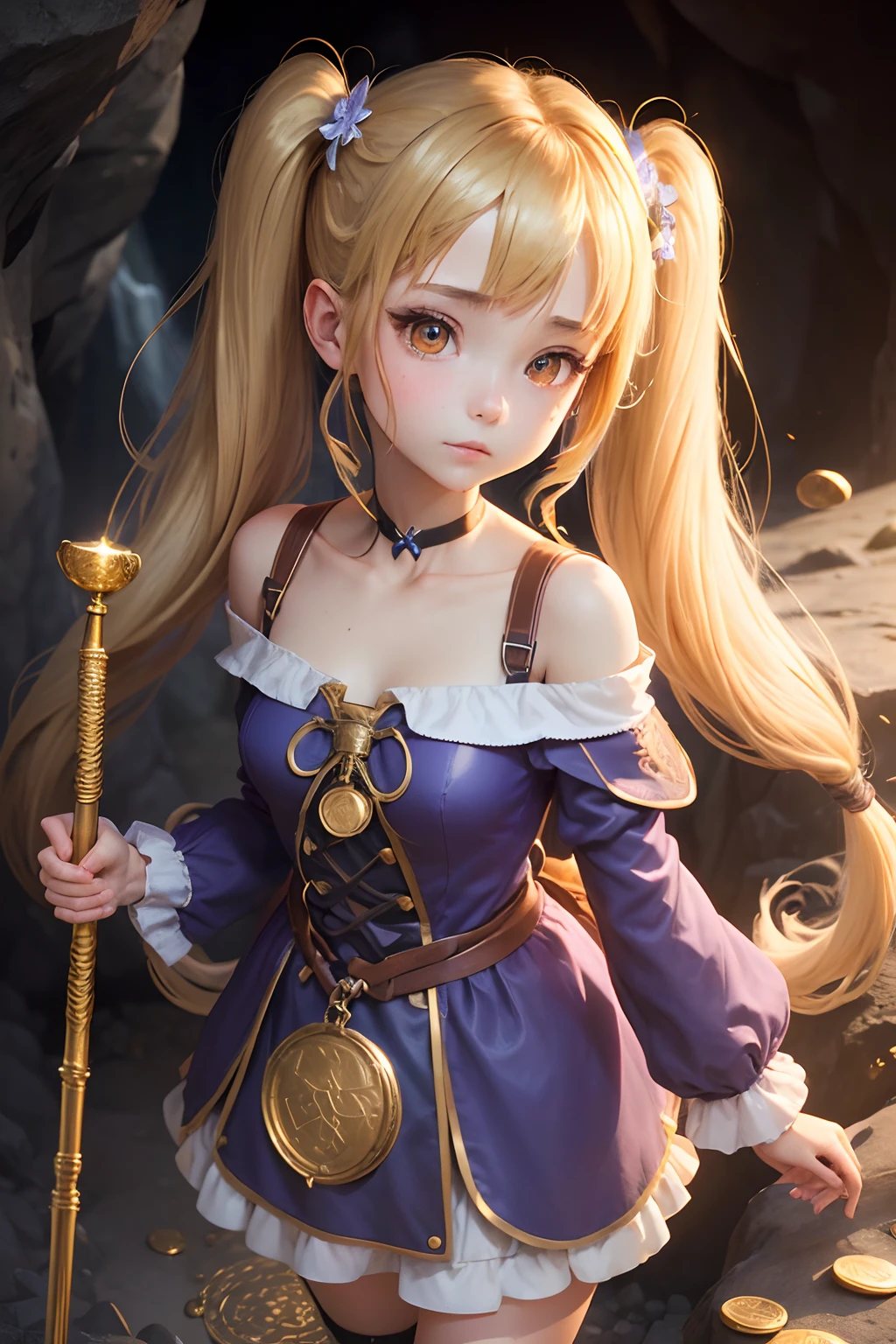 (1girl in),,( absurdly , High quality , ultra-detailliert ),,(masutepiece),(inside a cave),(Twilight、Lit up),(Long-haired blonde twintails),((priest dress)),(Cute 3D anime petite girl rendering),hyperdetailed face,(I'm overjoyed),Wearing long boots,Halo, Perfect face and nice perfect face,,Blue long skirt,(Fantasy Adventurer Style),(Embark on an adventurous journey),(Carry a rucksack).(With a staff in her right hand),(A rope is wrapped around the waist),Delicate and sexy collarbone,Bare shoulders,Purple Off Shoulder Shirt,(Glad to discover the treasure),Far angle,Full of coins,Lots of gold coins,Coin Shower