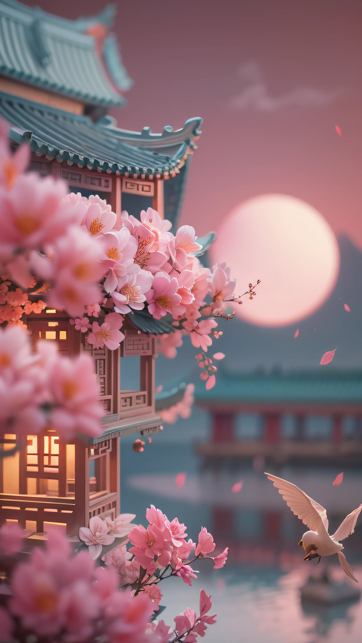 the night，Pink moon，sea level,calm seas,Far Mountain,Paper sculpture x1.5，Tilt-Shift，Cloud x1.3，Osmanthus x1.2，Soft lighting，[Oriental elements],Dreamy，Pastel colors，Bright colors，Traditional Chinese color scheme，reasonable design，Clear lines，High sharpness，Best quality，Very detailed，Masterpiece，offcial art，movie light effect，4K