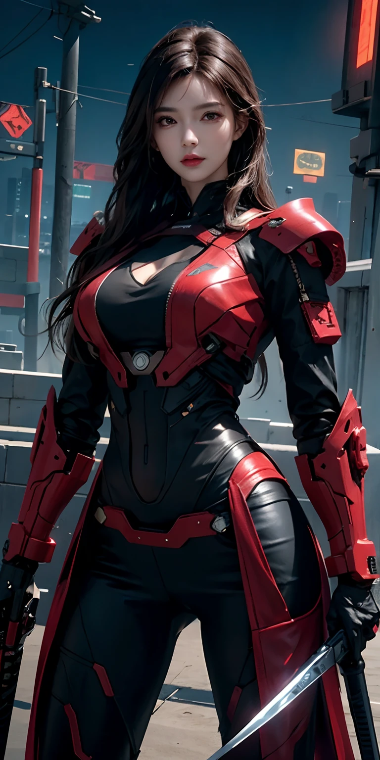 photorealistic, high resolution, soft light,1women, solo, hips up, (detailed face), red long hair, cybersamurai, cyborg, cyberpunk,  cyber armor, holding weapon,glowing,gun, beach
