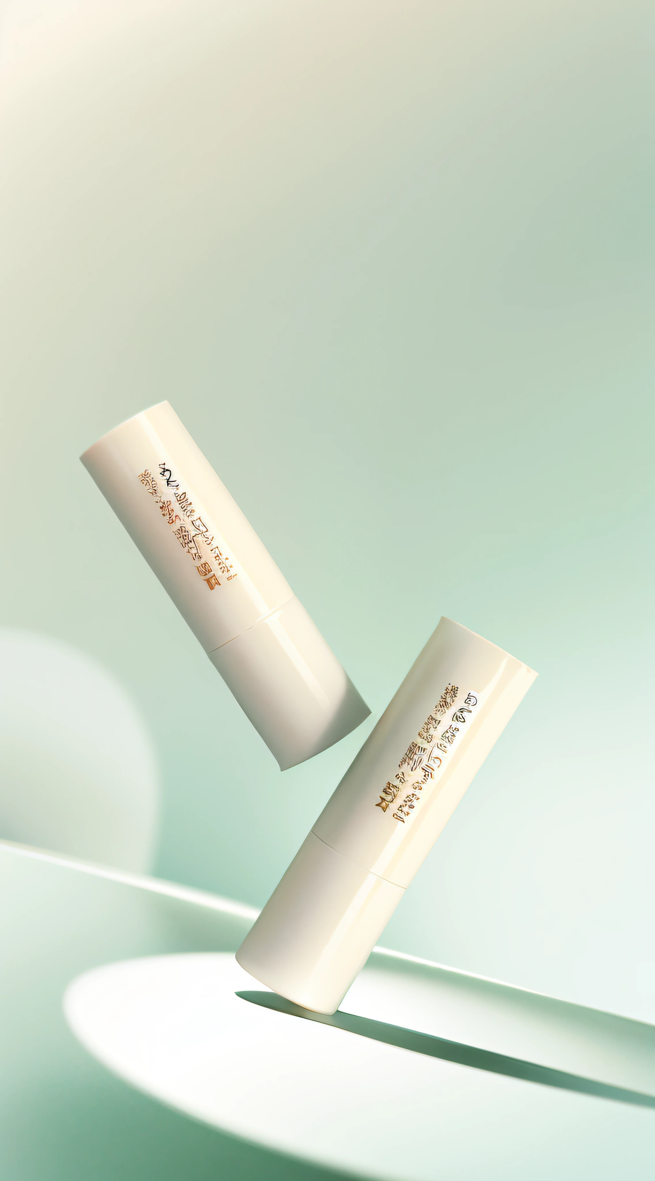 There are two empty tubes of lip wrapping flying in the air, textured base ; product image, Product photo, product image, diffused natural skin glow, soft white rubber, smooth in _ Background with, inspired by Russell Dongjun Lu, high quality topical render, delicate and precise brushwork, photorealistic 35mm, close-up product photo, Smooths defined edges