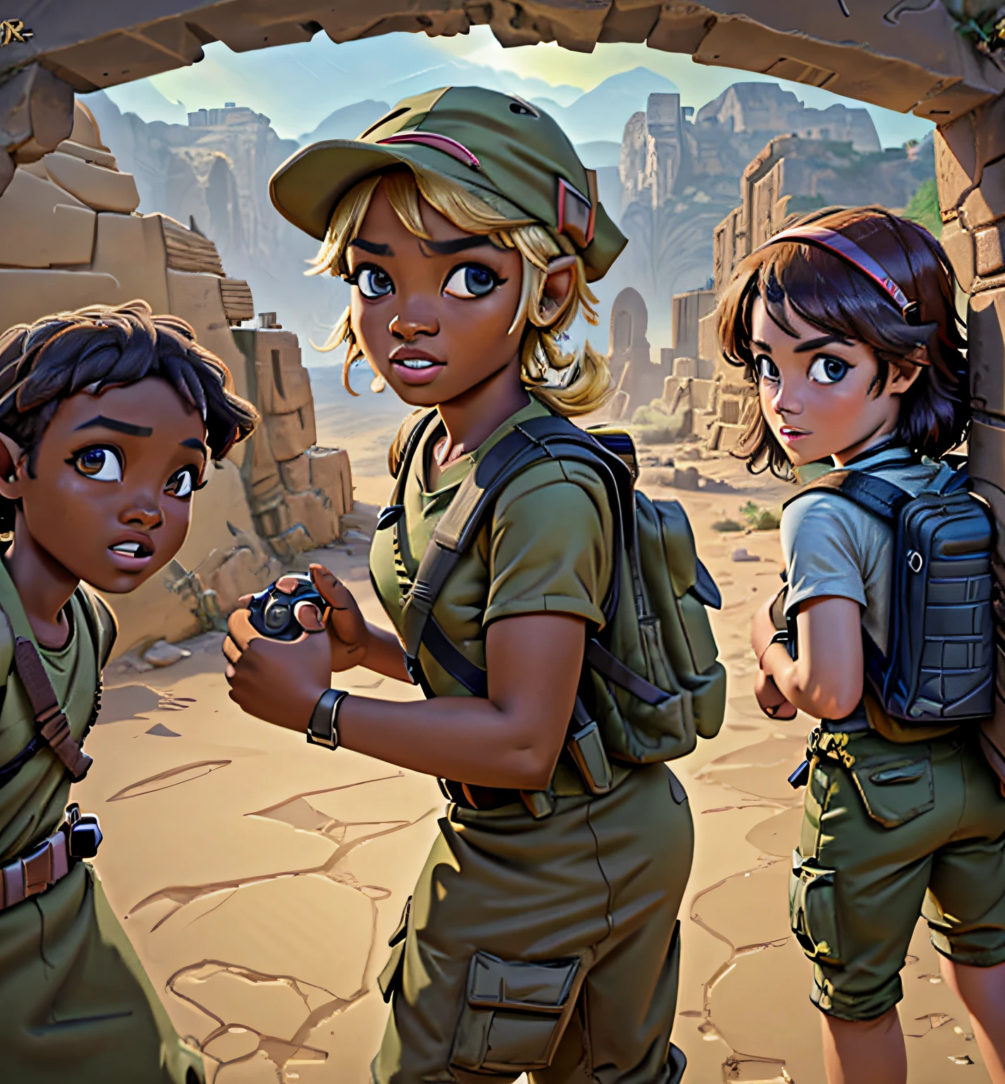 african 2girls 2boys adventuring in ancient desert ruins, khaki clothes hats and backpacks cargo action camera dutch angle (masterpiece:1.2) (illustration:1.2) (best quality:1.2) (detailed) (intricate) (8k) (cinematic lighting) (sharp focus)