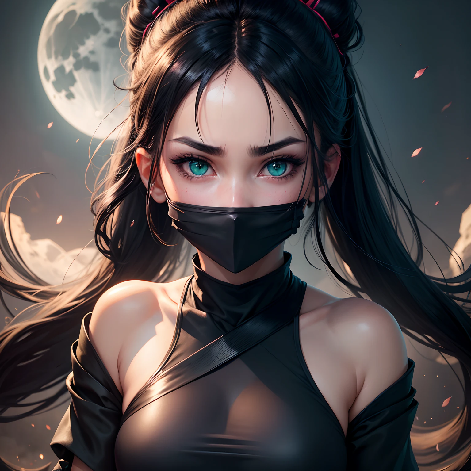 Ninja girl portrait, beatiful green eyes, ultra detailed eyes, blush, black hair, face black mask, 8k, masterpiece, dark background, cinematic lighting, moon, shinning moon on forehead like in sailor moon