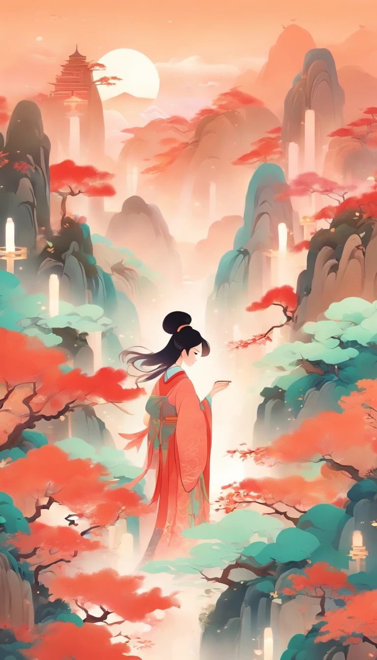 A Chinese woman,Chinese landscape, abstract paintings, Zen, Amy Sol style, With a cover art of light abstraction, Simple vector art, Contemporary Chinese art, Gradient of color, Soft color palette, layered forms, Whimsical animation, The style is ethereal and abstract