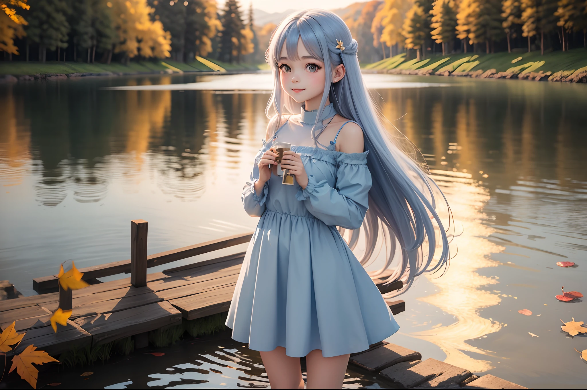 Lake of autumn leaves evening Beautiful girl standing by the lake Light blue long hair Twin-tailed Bright dresses A charming smile Face Highlights
