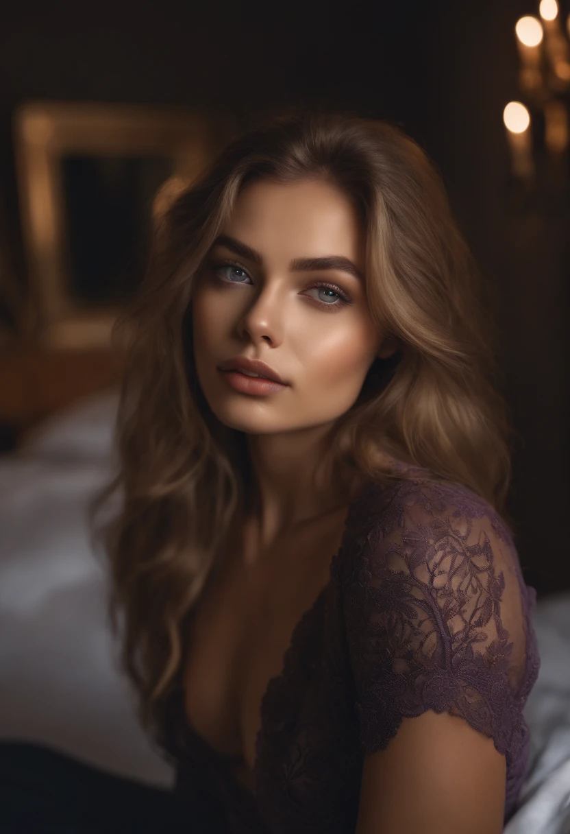 Arafed woman completely , fille sexy aux yeux bleus, ultra realist, Meticulously detailed, Portrait Sophie Mudd, cheveux blonds et grands yeux, selfie of a young woman, Yeux de chambre, Violet Myers, sans maquillage, maquillage naturel, looking straight at camera, Visage avec Artgram, Maquillage subtil, Great photo of the whole body kneeling on the bed, dans la chambre, Buste de grande taille