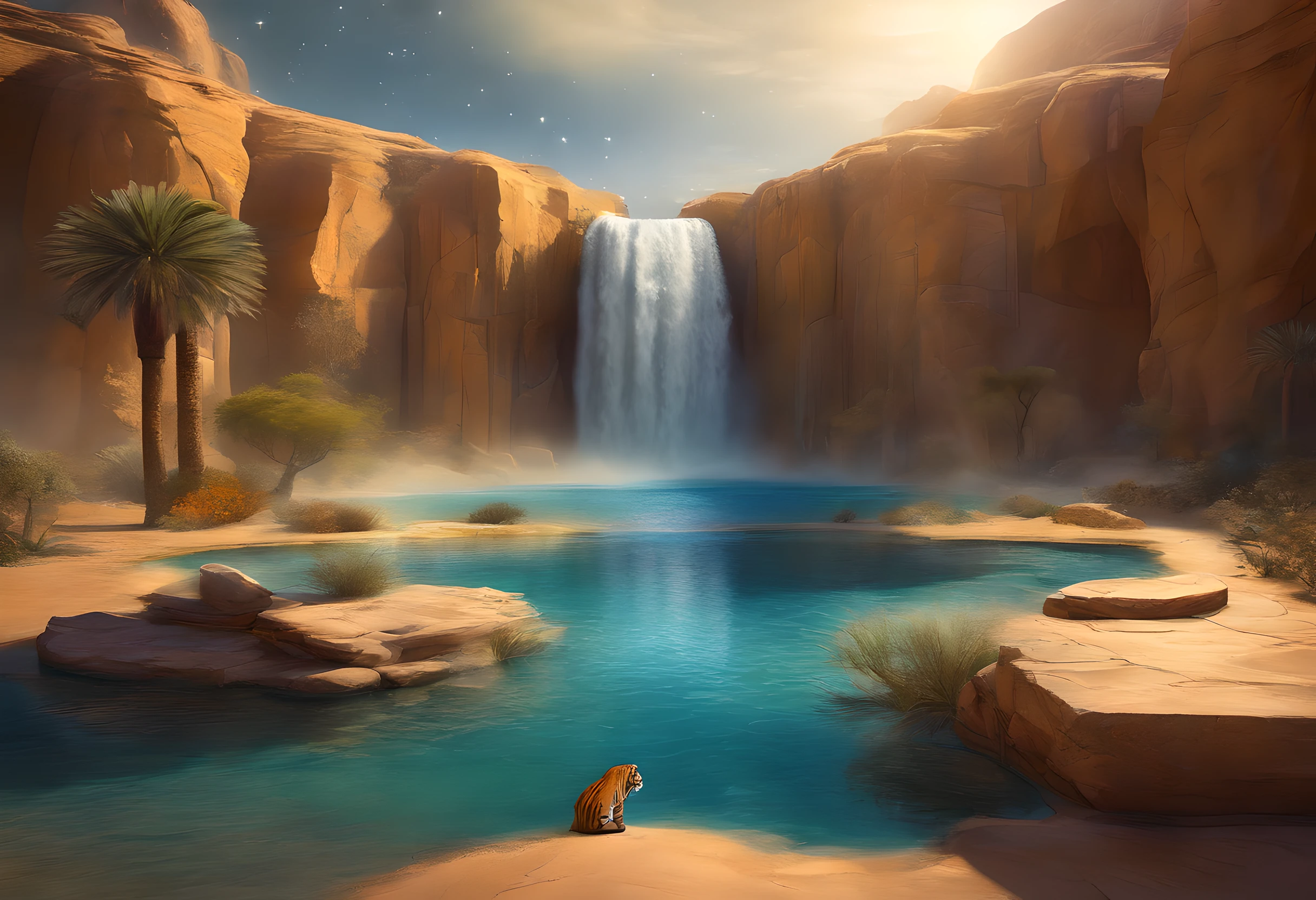 National Geographic style picture, Award winning,(best detailed: 1.5) picture of an epic tiger resting near an epic sized waterfall in the desert at night, an epic tiger, big leopard, resting an viewing an (epic sized waterfall: 1.3), water coming down from a desert cliff, water cascading into a large pool that, (moon and stars reflected in the pool: 1.4), you can see the water hitting the pool, drops of water splashing around, desert cliffs background, a sense of restful predator, photorealistic, 16k, RAW, award winning, (best detailed: 1.5), masterpiece, best quality, (best detailed: 1.3), full body, ultra wide shot,