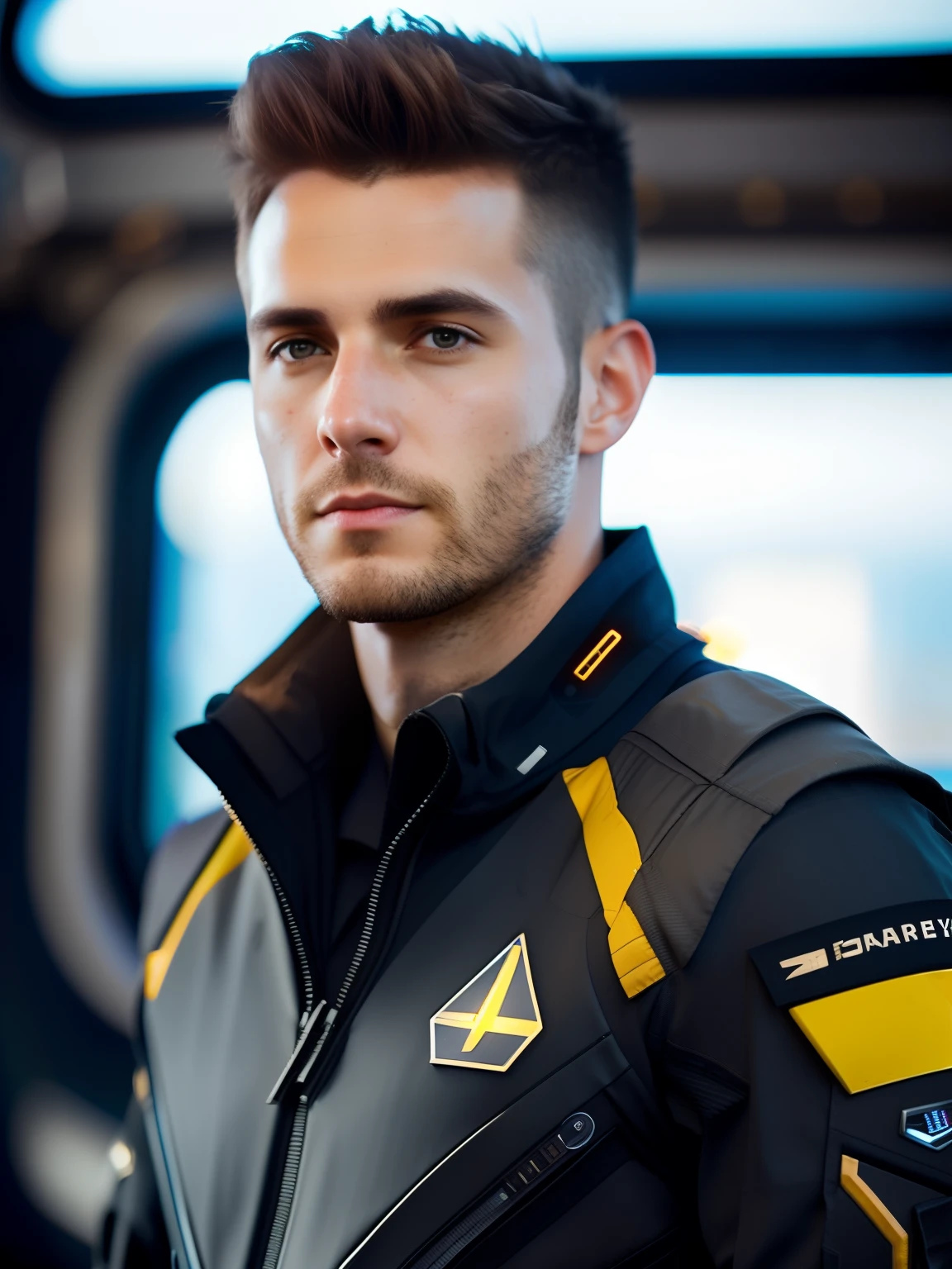 fking_scifi, award-winning photo of a man, black flight suit with yellow accents, brown hair, (gray eyes:1.35), square jawline, asymmetric face, standing in front of a window on a space ship, 80mm, bokeh, mass effect, close up, fking_cinema_v2